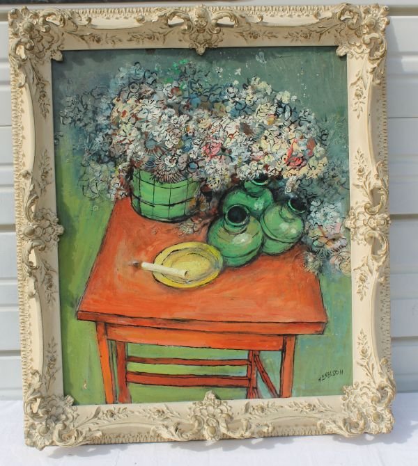 sgnd N.E. Nelson 24"x20" o/c still life of table t: sgnd N.E. Nelson 24"x20" o/c still life of table top vases w flowers in an ornate French Provincial frame