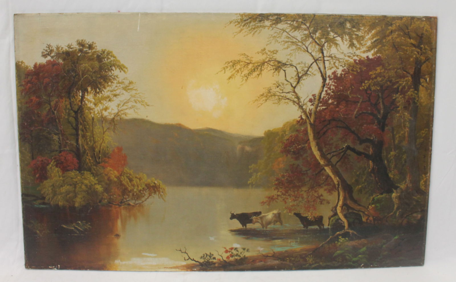 Large o/c laid down on board riverscape w cows w provenance on back stating artist is Augustine (1 of 11)