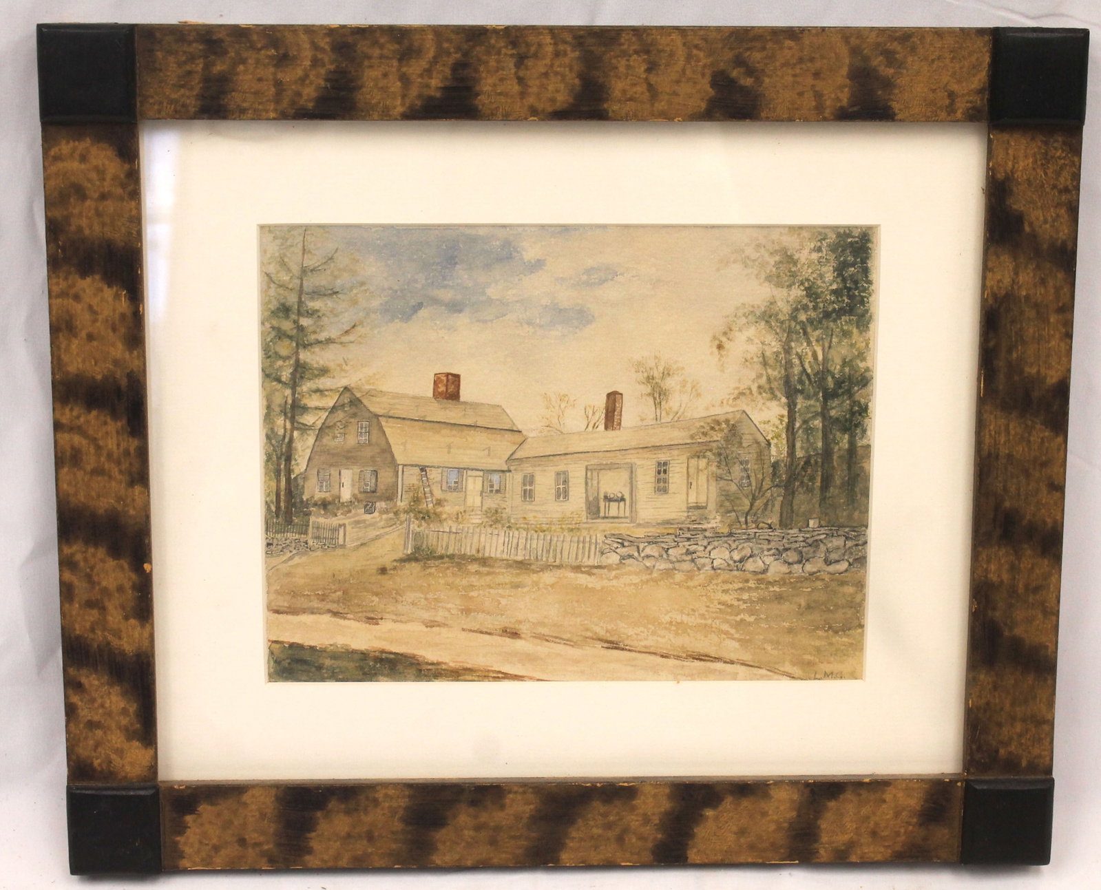 Sweet w/c of a house initialed LMG in grain painted frame - overall framed size 12"x14 1/2": Sweet w/c of a house initialed LMG in grain painted frame - overall framed size 12"x14 1/2"