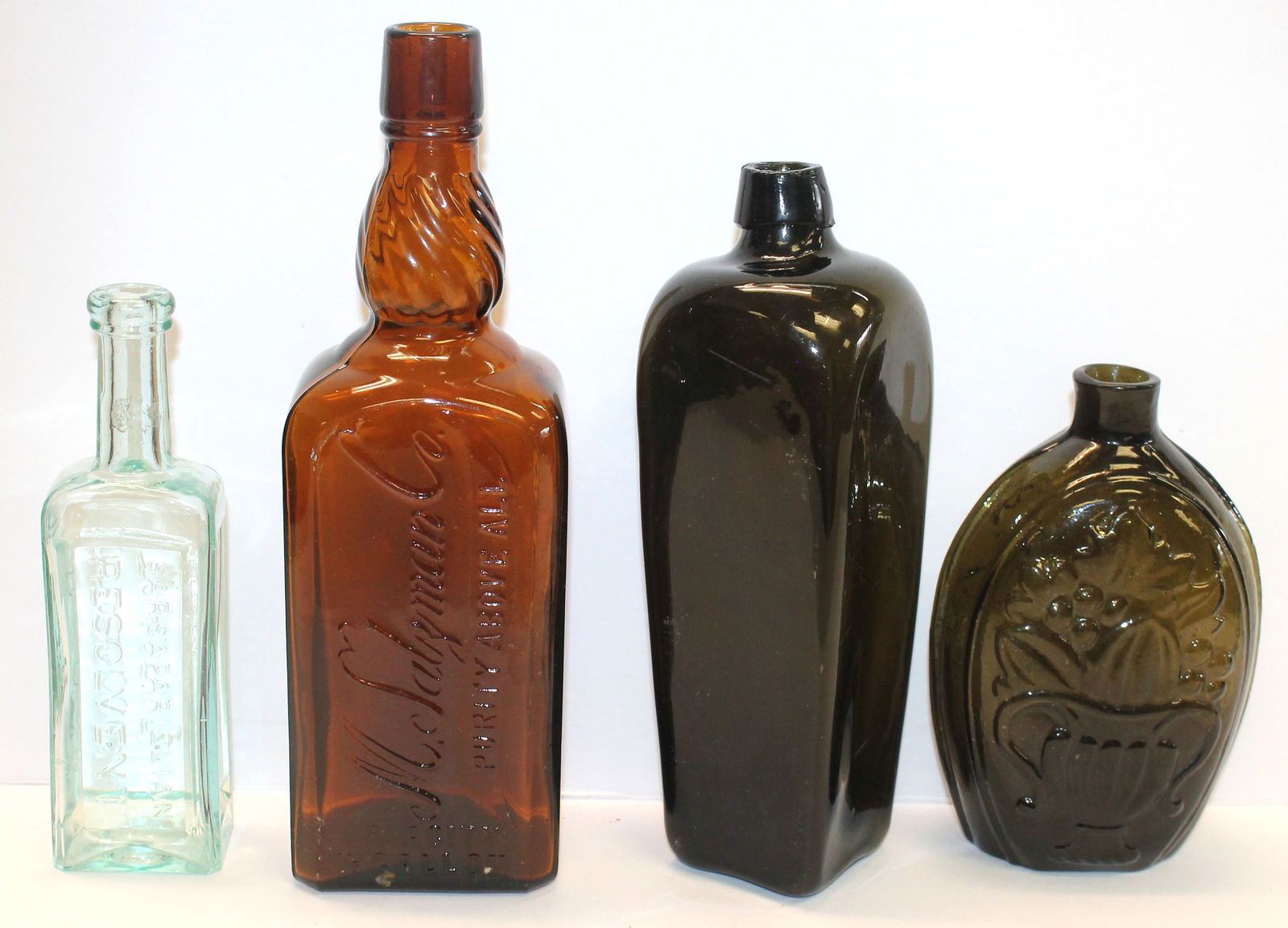 Lot of 4 early hand blown bottles ca 1850-70 incl whiskey, gin, medicine & a flask - tallest 11" & (1 of 10)