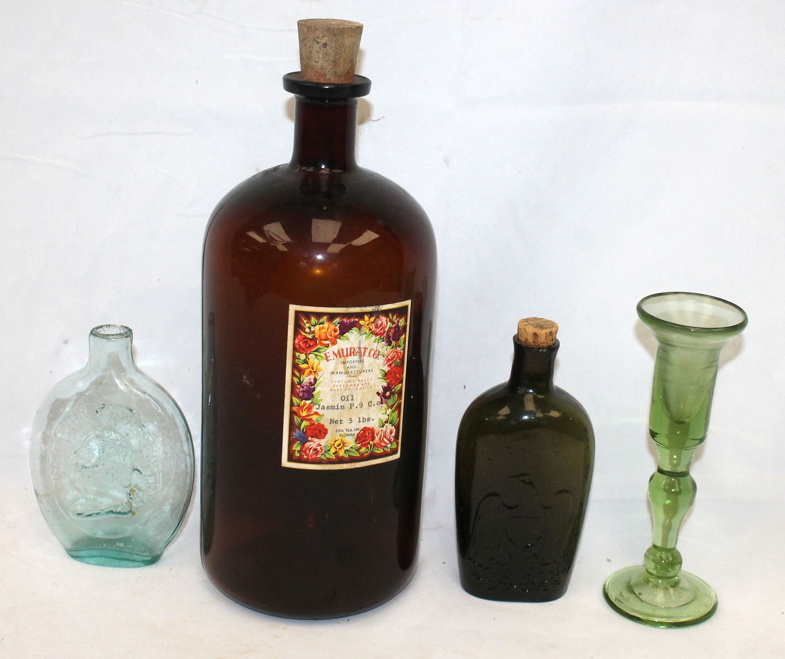 Lot of 4 glass items incl 2 bottles, flask & candlestick - 5 1/2" - 13" tall (1 of 13)