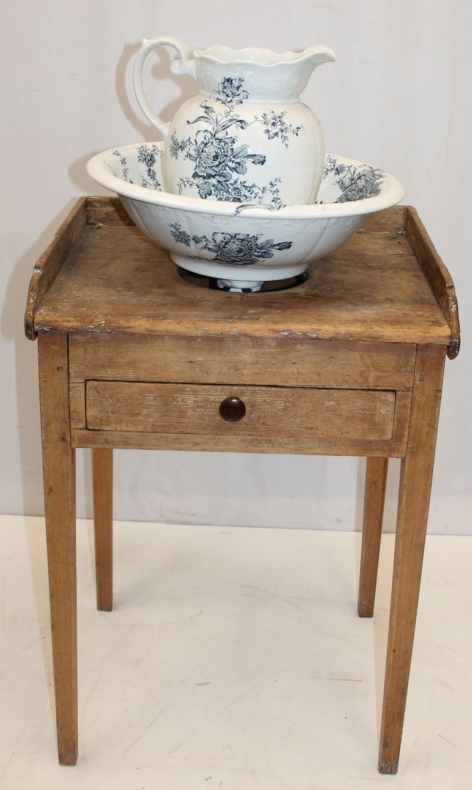 Antique 1 drawer washstand w porcelain wash bowl & pitcher by F. Winkle Colonial Pottery Stoke: Antique 1 drawer washstand w porcelain wash bowl & pitcher by F. Winkle Colonial Pottery Stoke England - bowl has been retro fitted with a drain to convert washstand into a sink!