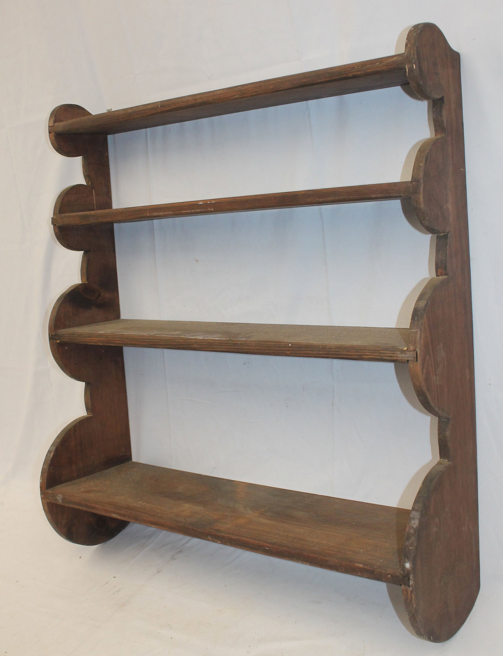 Antique 4 tier wall shelf w scalloped sides - 30" tall x 27" wide x 8" deep: Antique 4 tier wall shelf w scalloped sides - 30" tall x 27" wide x 8" deep