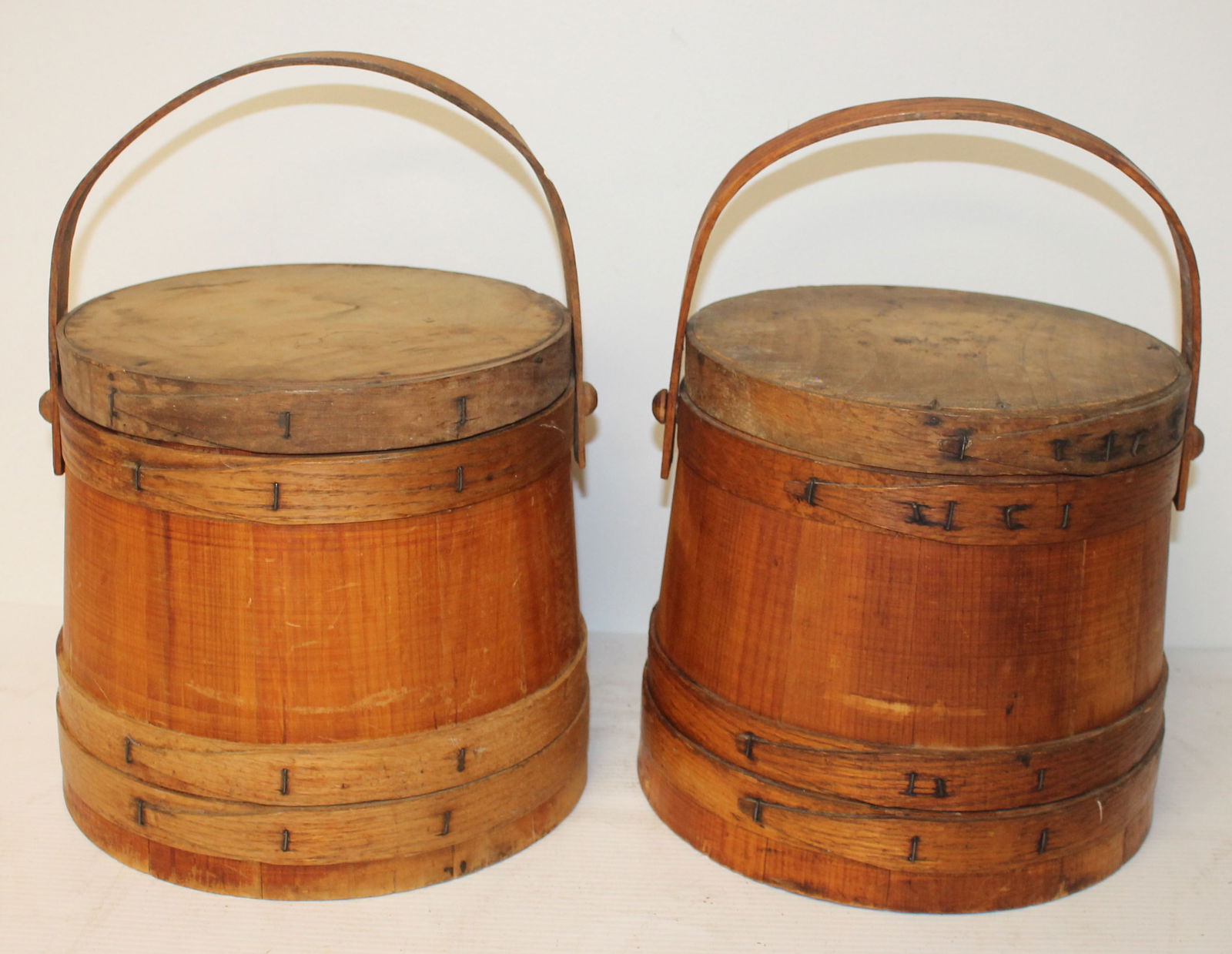 Lot of 2 antique firkin buckets w lids in natural surface - 10" tall (1 of 7)