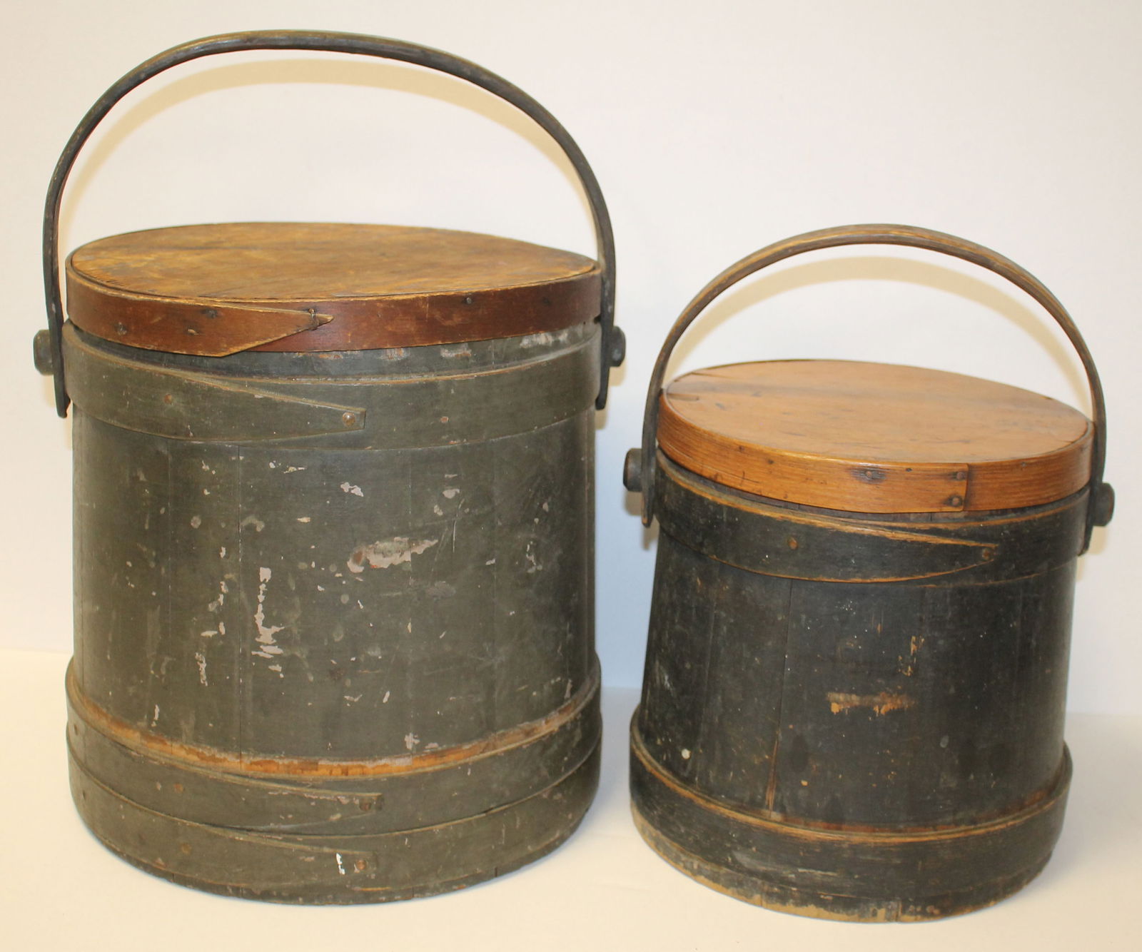Lot of 2 antique painted firkin buckets in blue & gray paint w replaced lids - 10" & 12" tall (1 of 5)