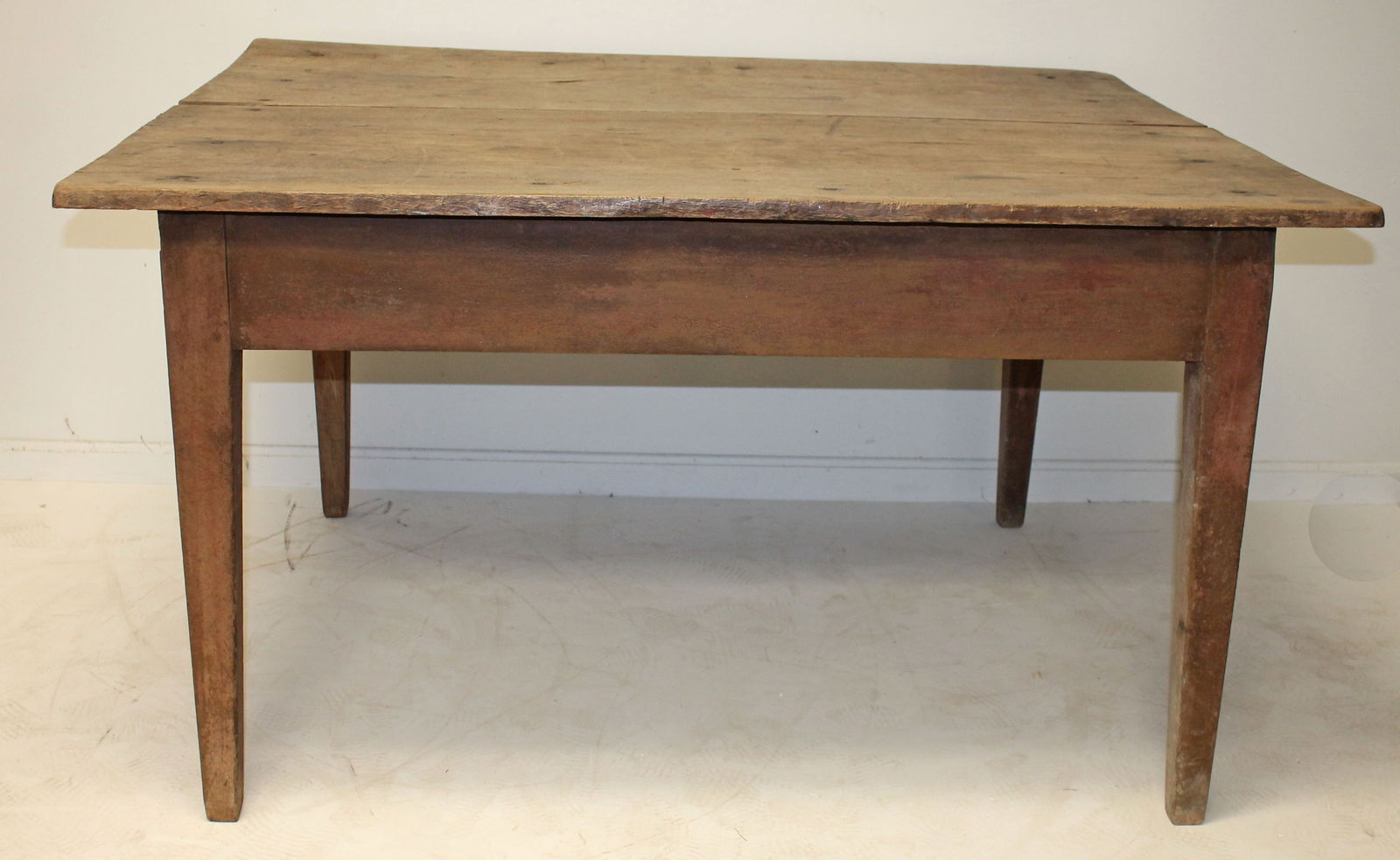 19thC large country farm table w 2 board top in natural surface on salmon painted tapered leg base - (1 of 13)