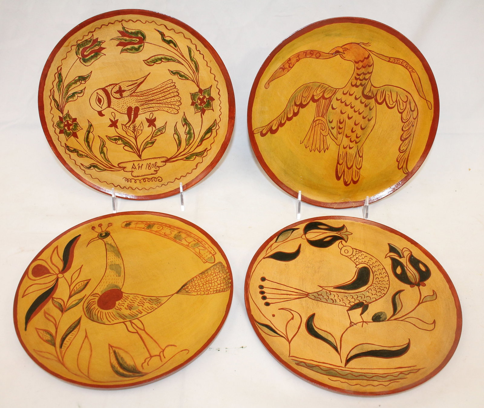 Set of 4 wooden painted plates - PA Dutch sgraffito style - 10" diam: Set of 4 wooden painted plates - PA Dutch sgraffito style - 10" diam