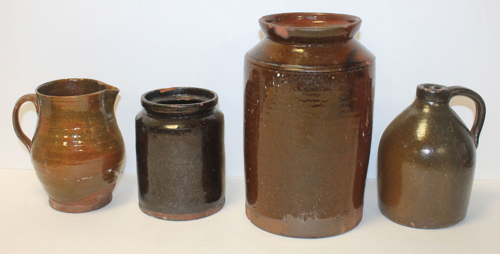 Antique redware lot incl CT crock, sm crock, sm jug & as is pitcher - largest is 10" tall & smallest (1 of 11)