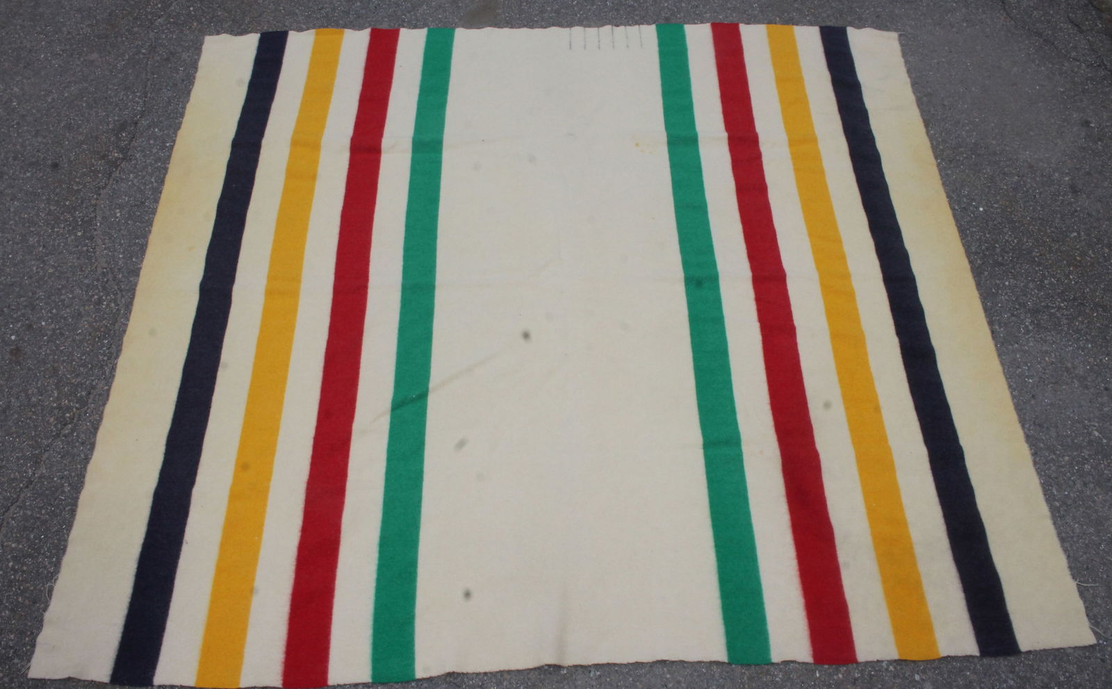 Hudson Bay wool blanket w original label in white w red, blue, green & yellow stripes with 6 full (1 of 8)