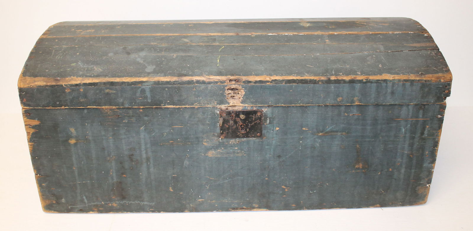 19thC dome top box in blue paint - 12" tall x 29 1/2" wide x 14 1/2" deep (1 of 7)