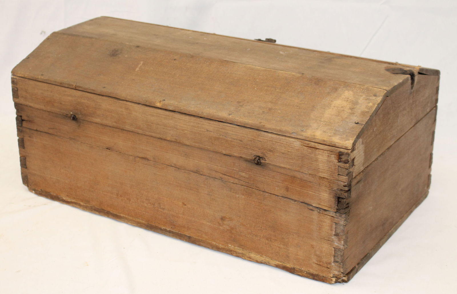 Early dome top box in natural surface w unusual escutcheon  & snipe hinges - 10 1/4" tall x 24 1/4" (1 of 7)