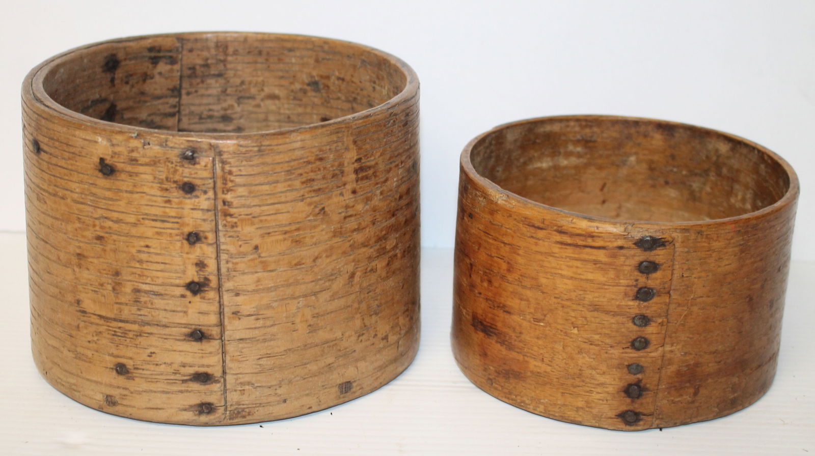 Lot of 2 antique wooden measures incl 1 marked E.B. Frye Wilton, NH - 5 3/4" & 6 1/2" diam (1 of 5)