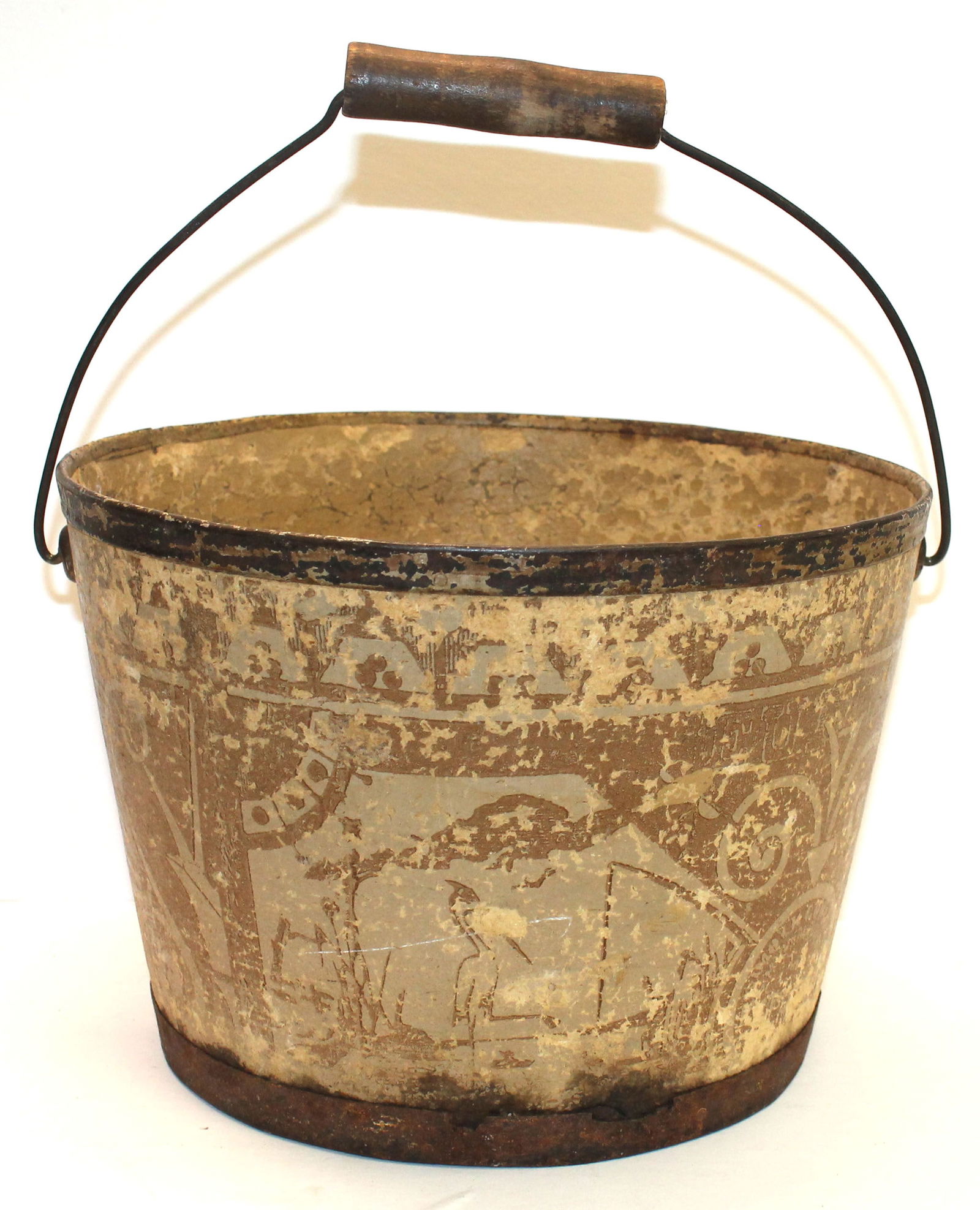 Antique bail handled pail w wallpaper covering - 8 1/4" tall x 11 1/2" diam (1 of 7)