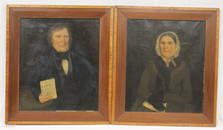 Pr of 19thC o/c portraits of Peter Allen and his wife Betsy of Rome, PA by H.O. Allen of Towanda, PA