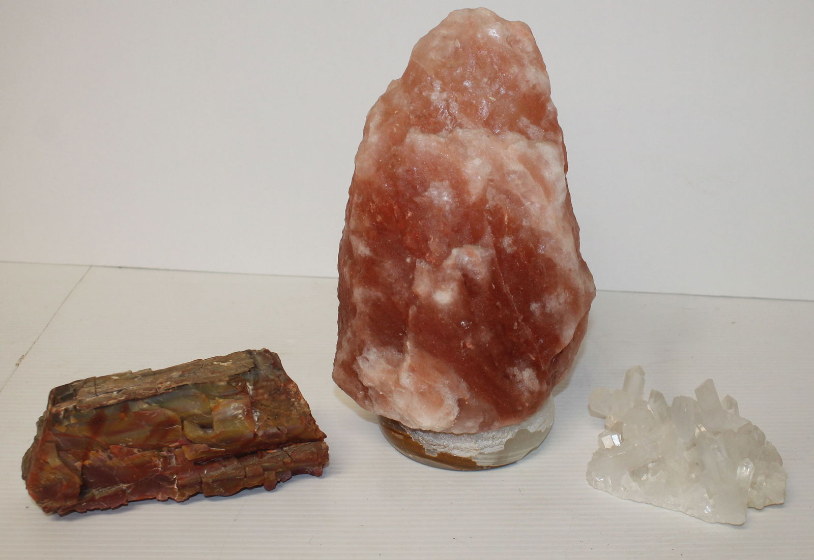 Lot of 3 mineral pieces incl 5" rock crystal cluster,lg 10" salt dome & 7" petrified wood (1 of 8)