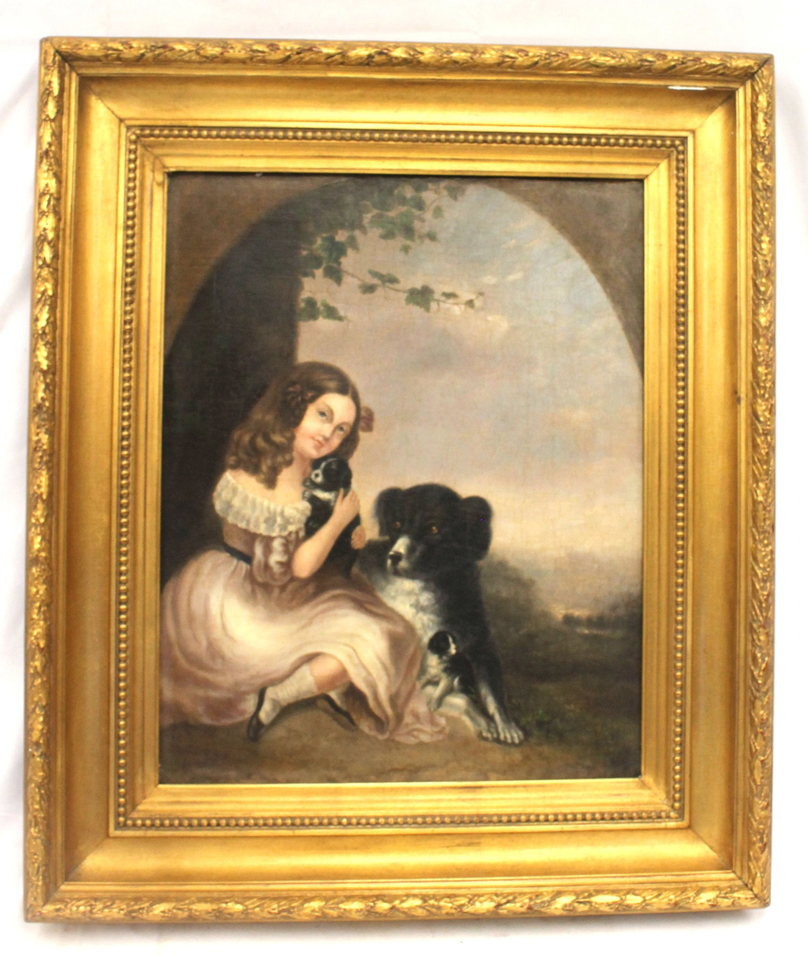 19thC o/c portrait of Sophia Peel Harding age 7 with Luca & puppies - identified on verso - overall: 19thC o/c portrait of Sophia Peel Harding age 7 with Luca & puppies - identified on verso - overall framed size 30"x25"