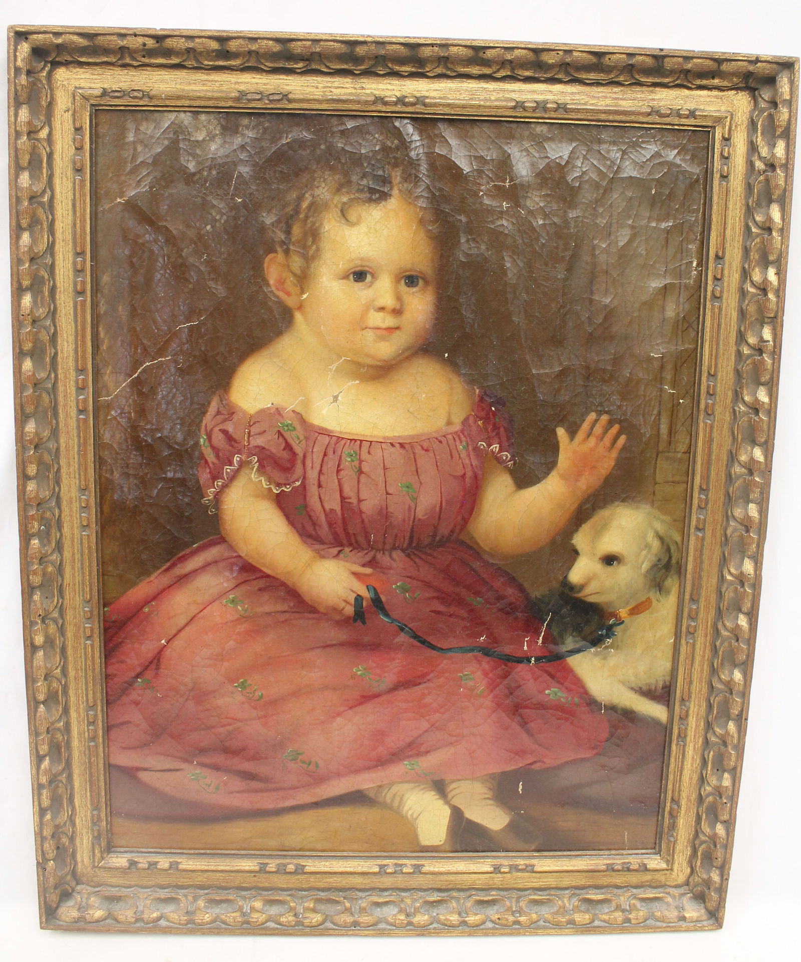 19thC o/c portrait of a little girl w a dog - as found - overall framed size 31"x24 3/4" (1 of 8)