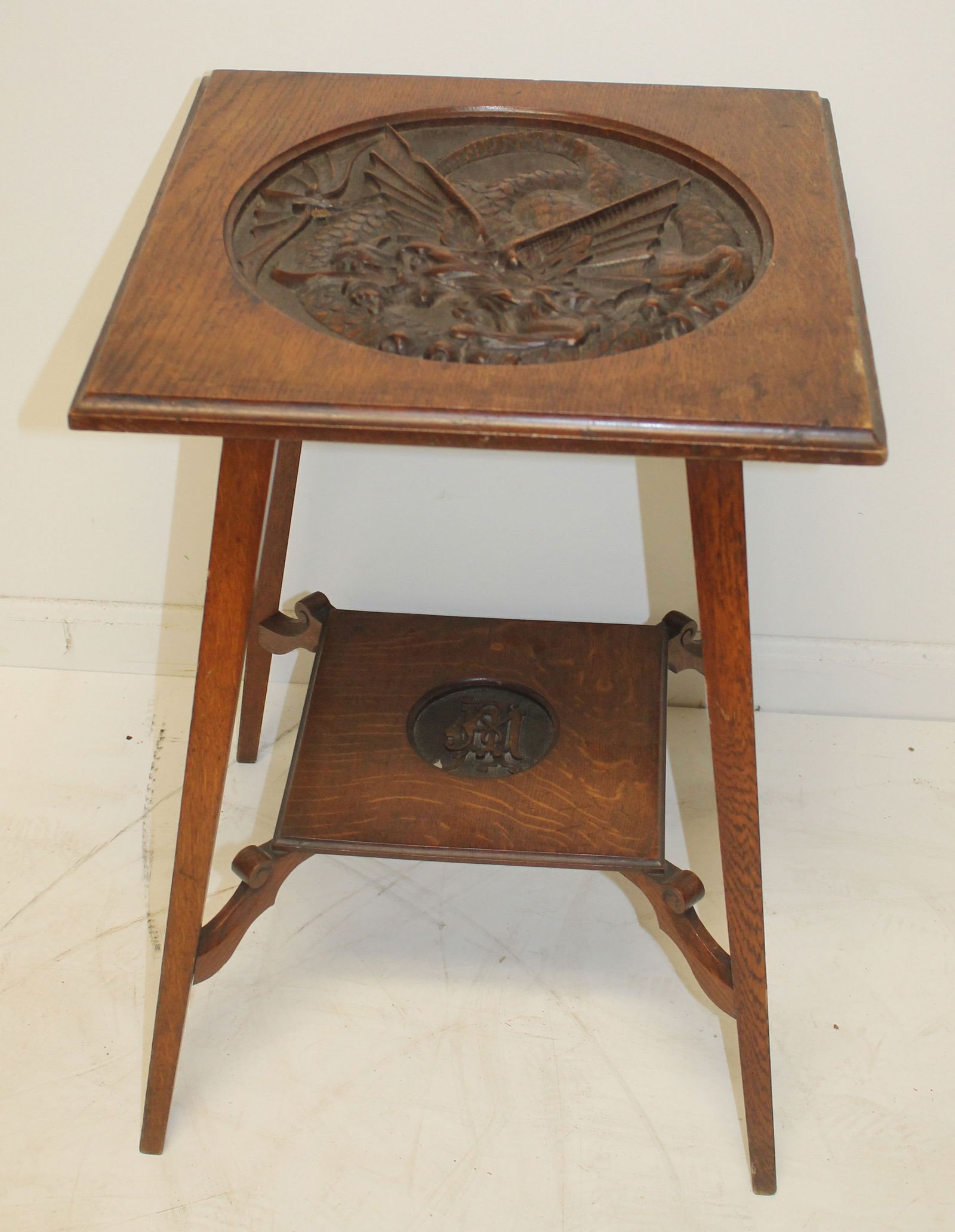 Victorian carved oak side table w dragon motif - 25" tall x 17" square top (1 of 6)