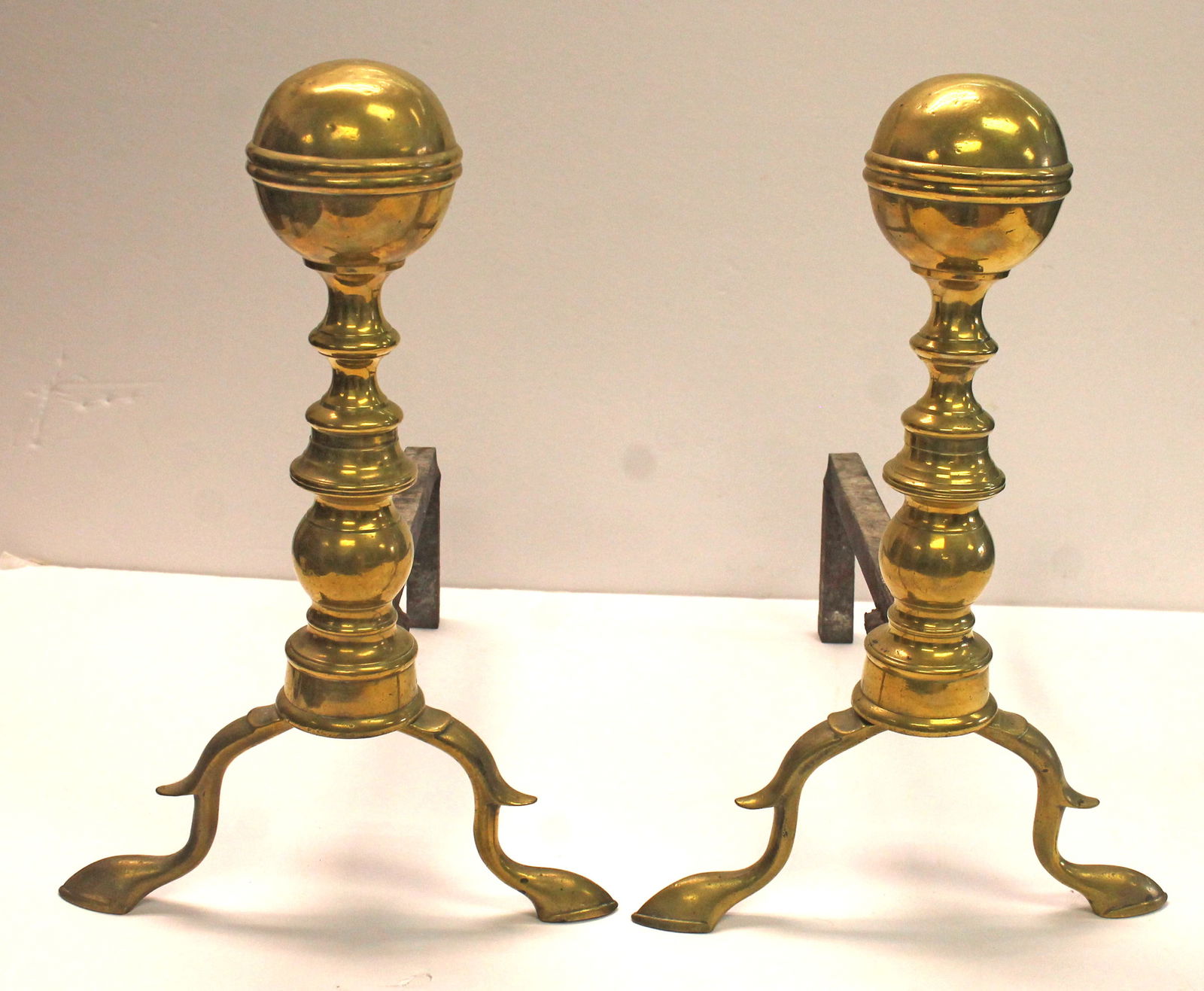 Early 19thC brass ball top andirons - 14" tall x 12" deep (1 of 10)