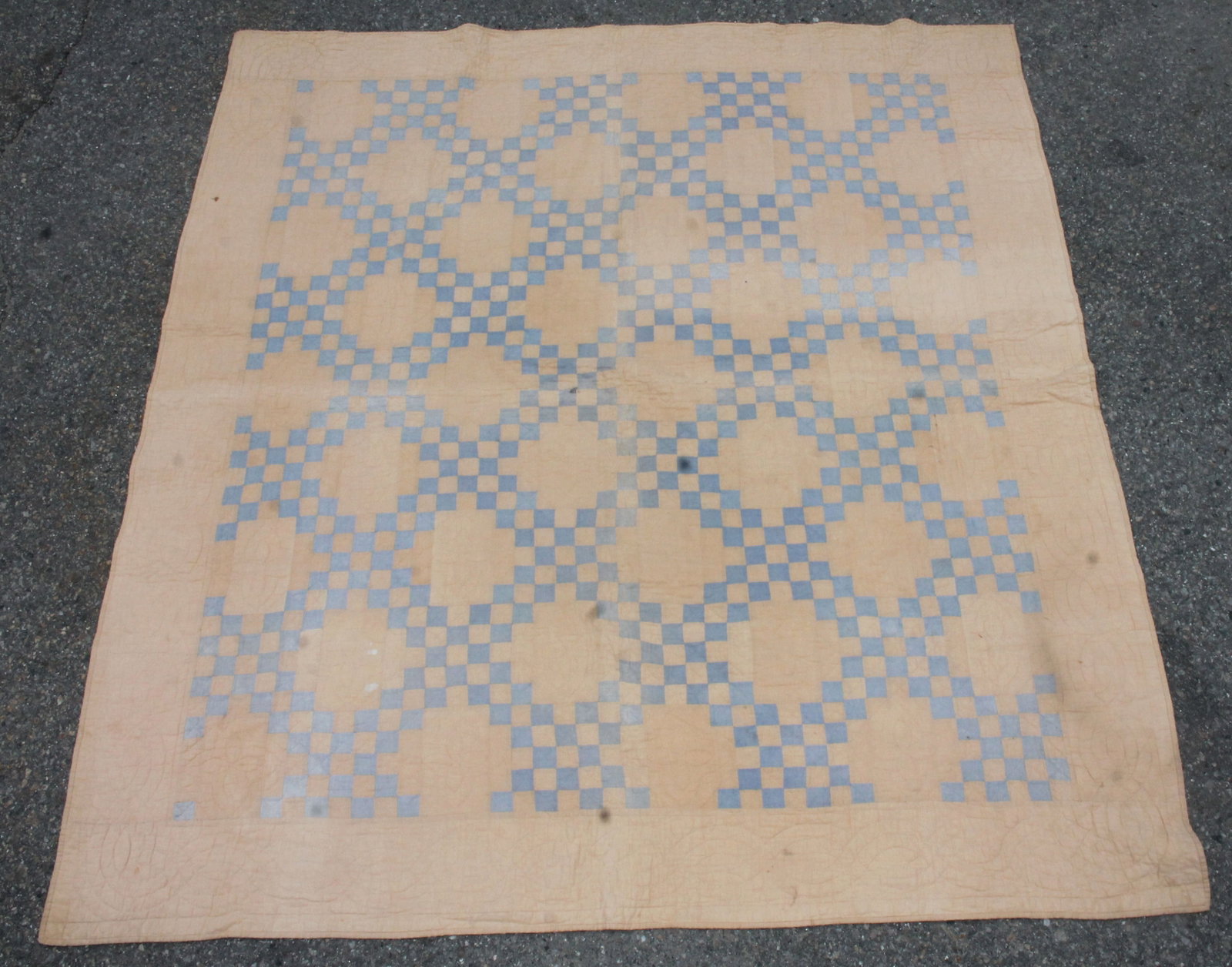 Antique quilt in cream w blue squares - 74"x84": Antique quilt in cream w blue squares - 74"x84"