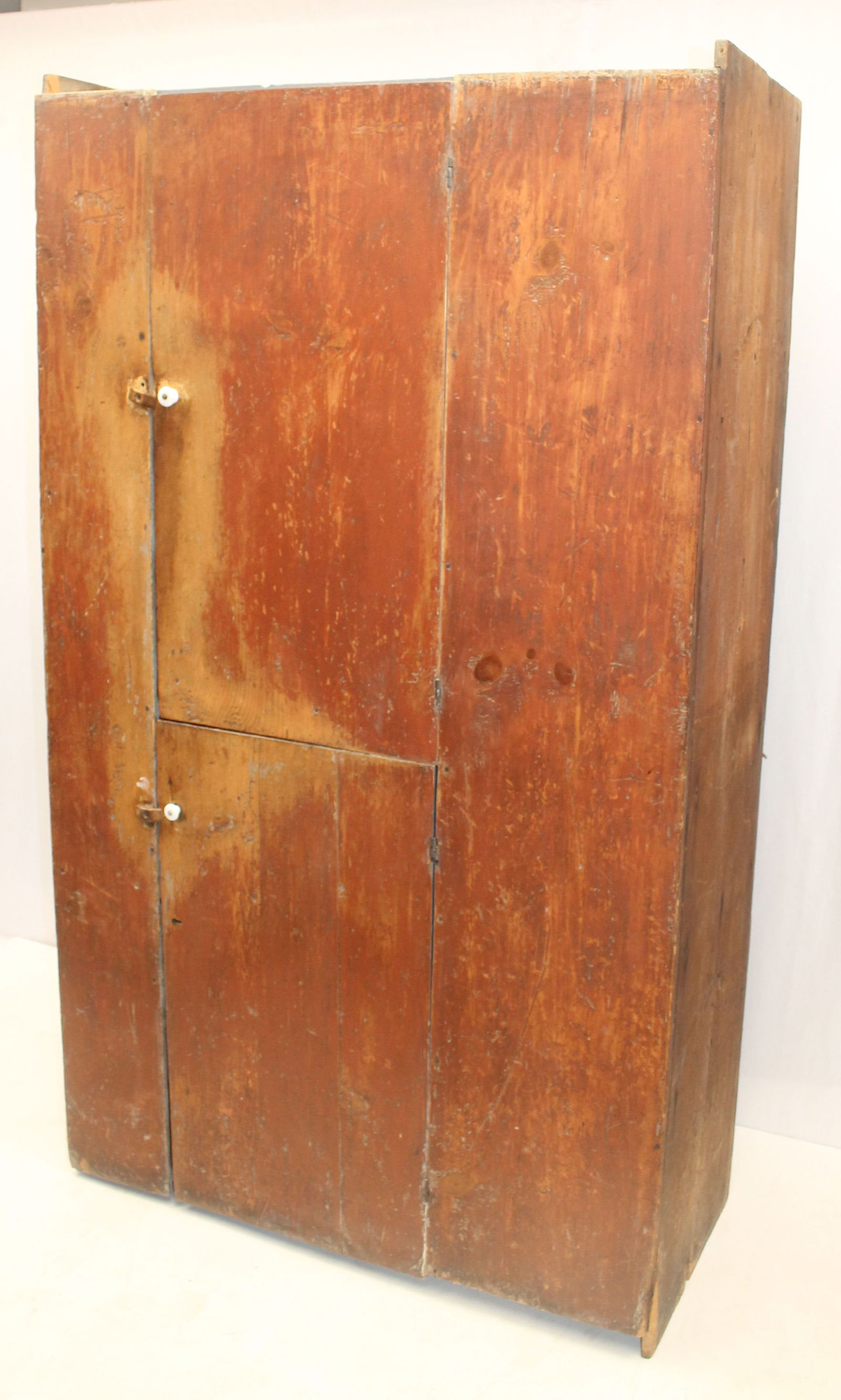19thC 2 door cupboard in red paint w shelved interior in later gray paint - 75" tall x 43" wide x (1 of 14)