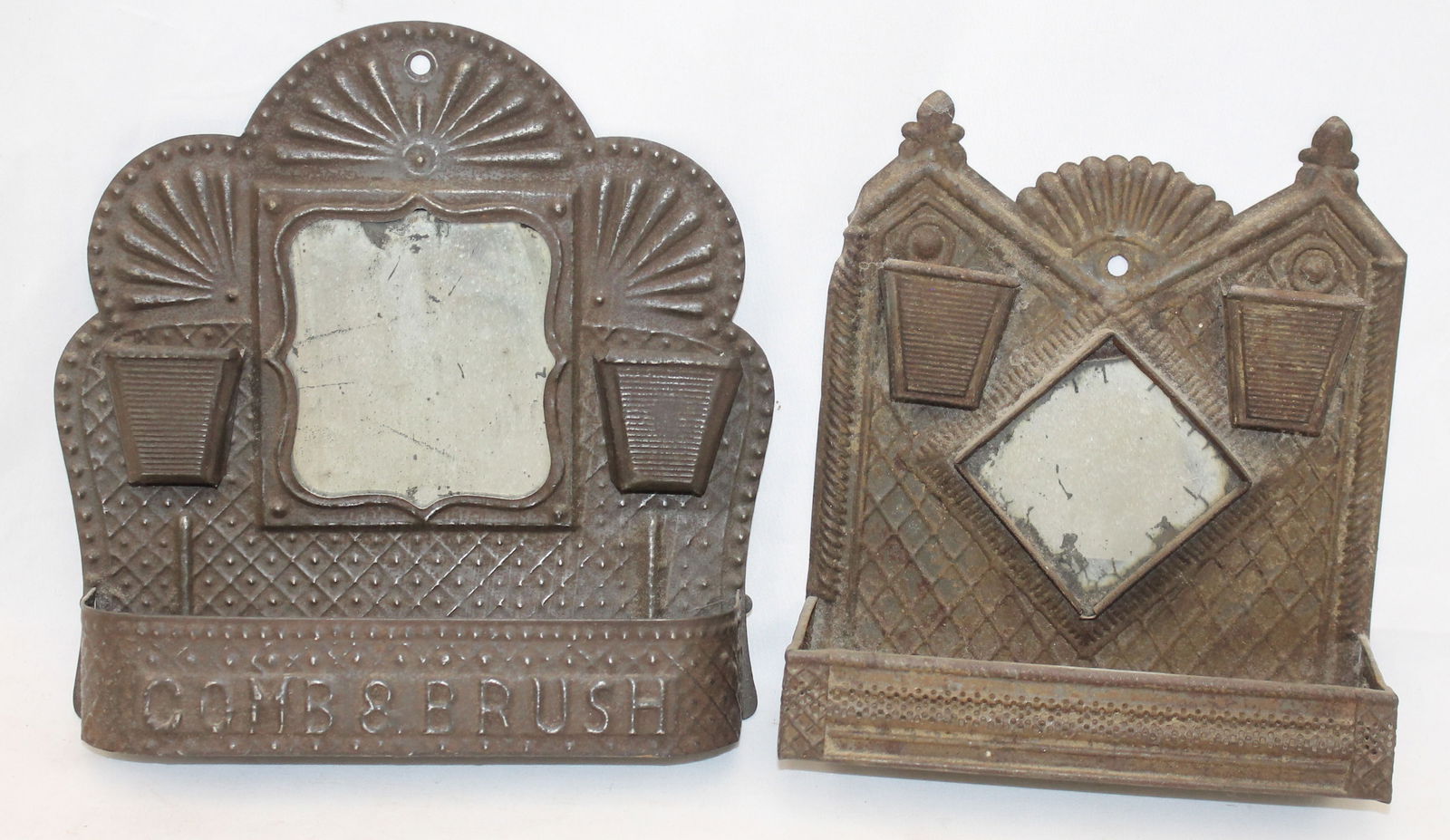 Lot of 2 antique tin wall hanging comb boxes w mirror centers - 8" tall x 7" wide & 9" tall x 9" (1 of 11)