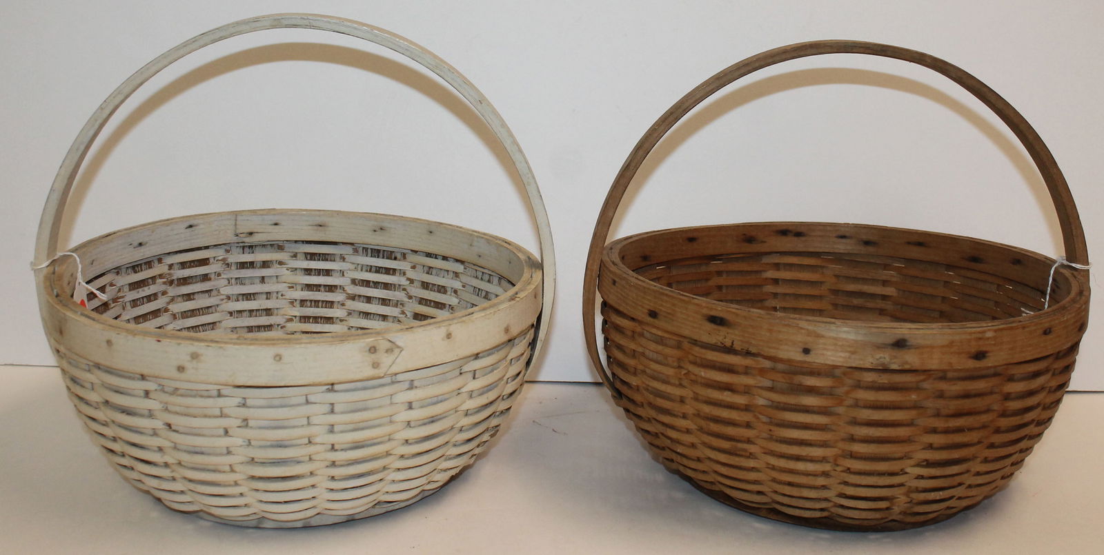 Lot of 2 fixed handled pie baskets attrib to Higgins - 1 in white paint - 10" diam x 11" tall (1 of 10)