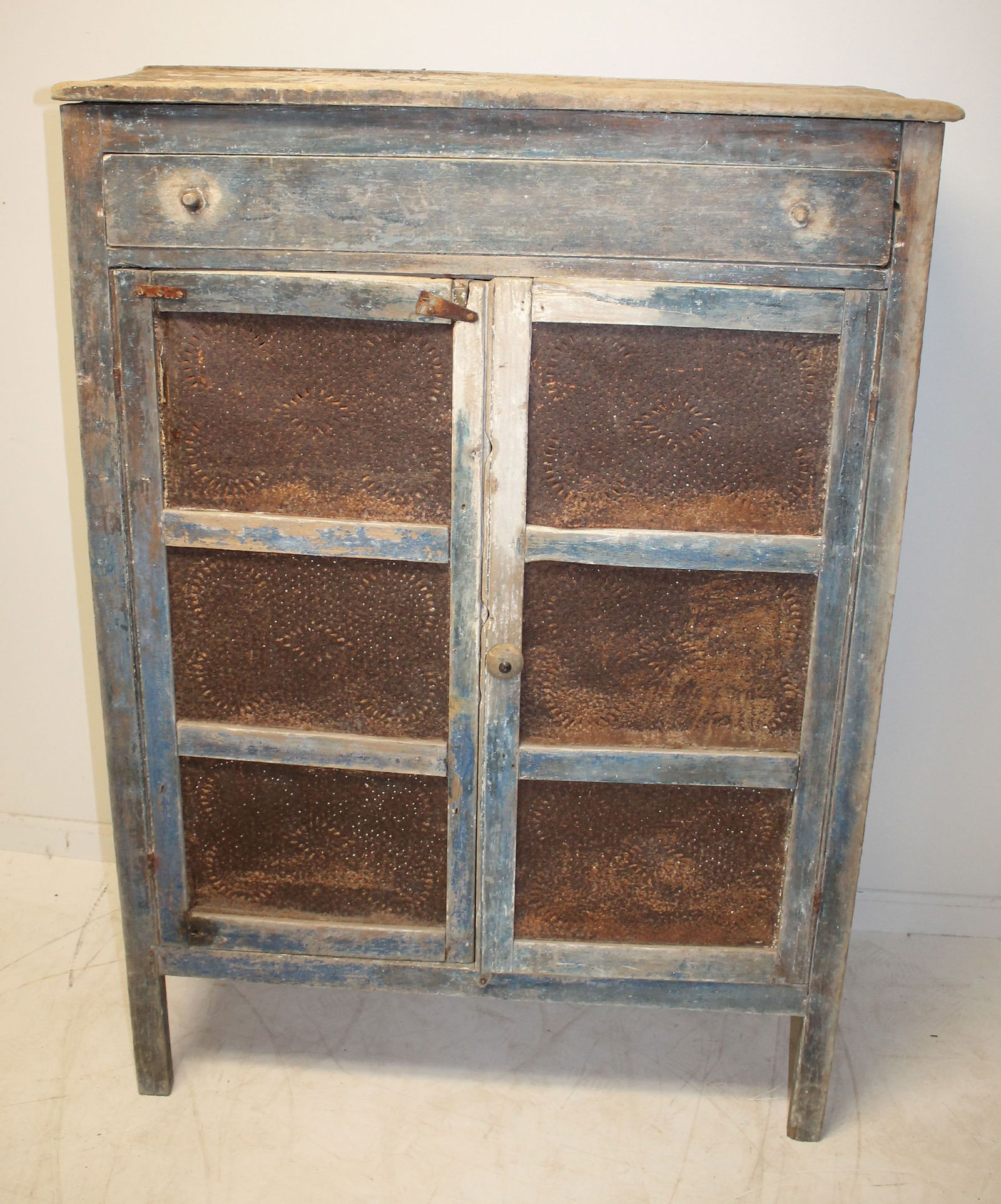 19thC pie safe in blue paint w punched tin doors & sides - 53" tall x 37 3/4" wide x 16 1/2" deep (1 of 6)