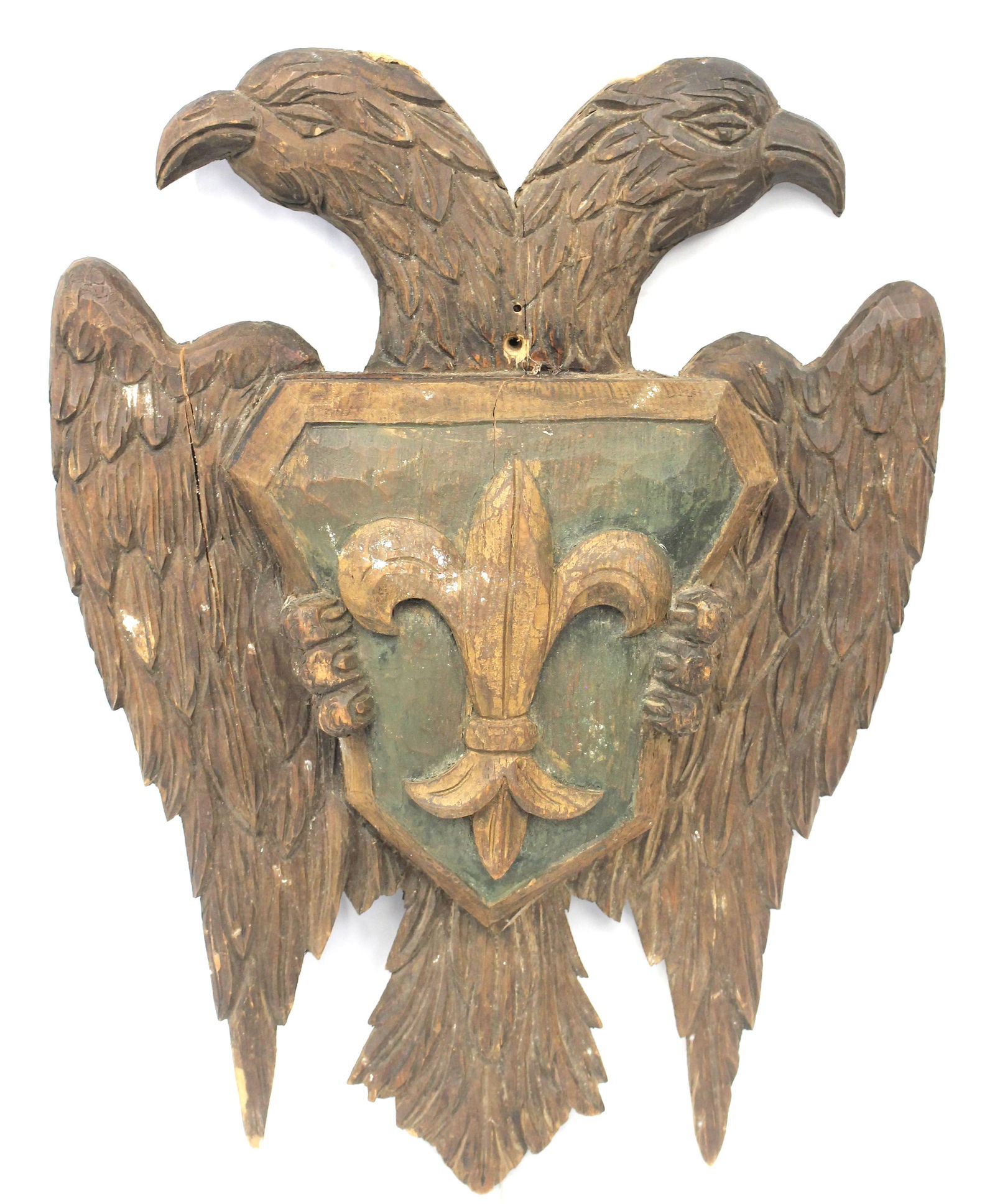 Folk Art carved & painted double head eagle w shield & fleur de lis dec - 17" x 13" (1 of 8)