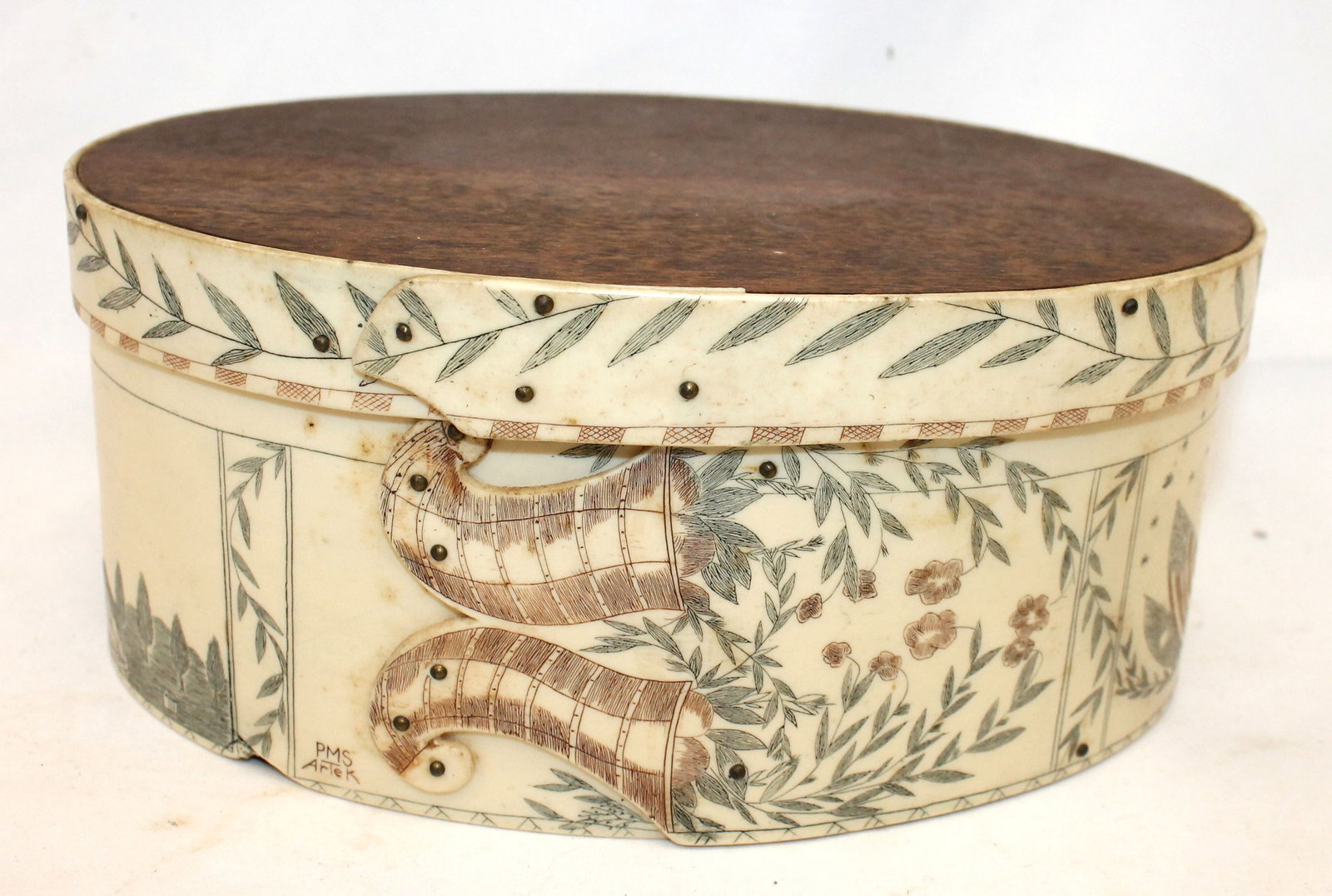 Reproduction of a scrimshawed Ditty Box in polymer ivory w eagle, flag & star decoration from the: Reproduction of a scrimshawed Ditty Box in polymer ivory w eagle, flag & star decoration from the :Save The Whale Collection" - signed PMS Artek - the original is in the Peabody Museum of Salem - 8"x6