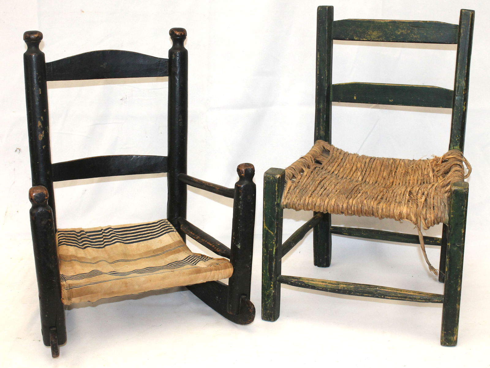 Lot of 2 antique child's chairs incl a ladderback rocker in black paint w cloth seat & ladderback in (1 of 6)