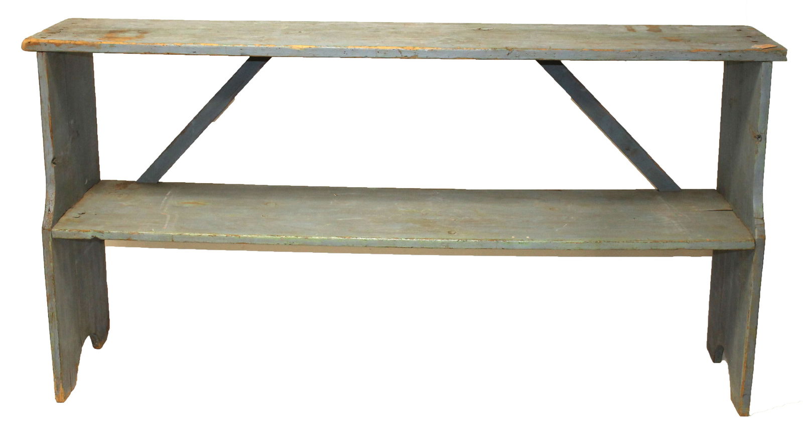 19thC large size bucket bench in blue paint - 34" tall x 66" long x 15" deep (1 of 8)