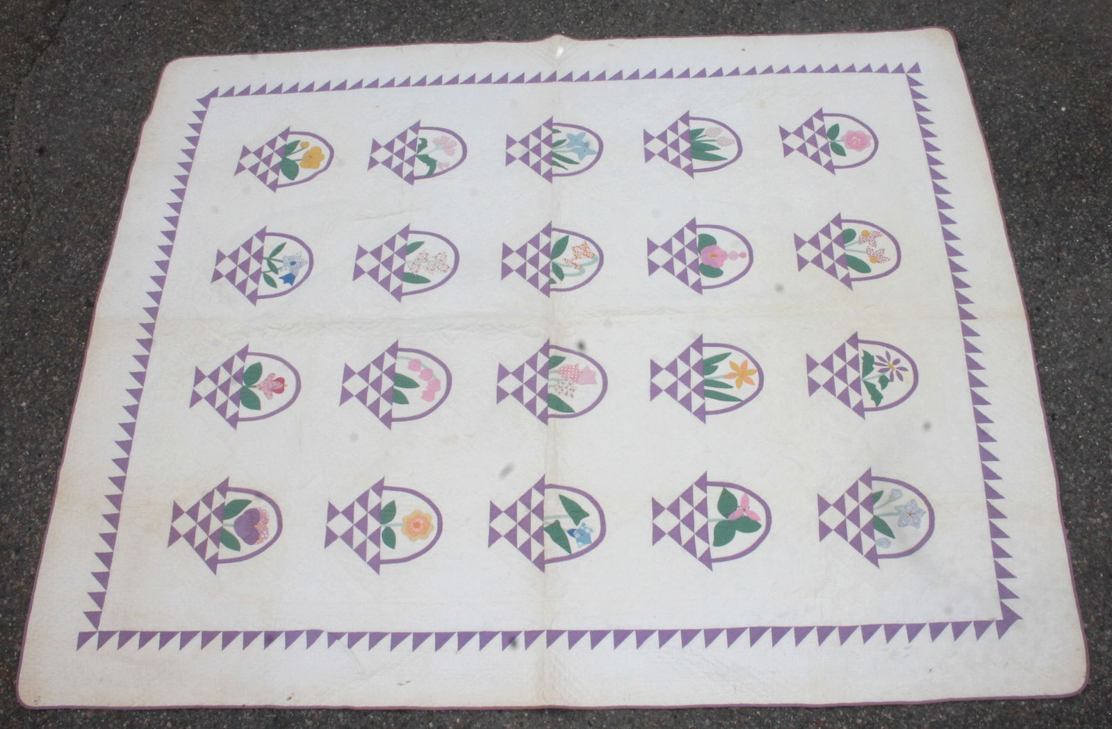 Vintage/antique quilt w basket of flowers motif in lavender & white - embroidered signature "Susan (1 of 7)
