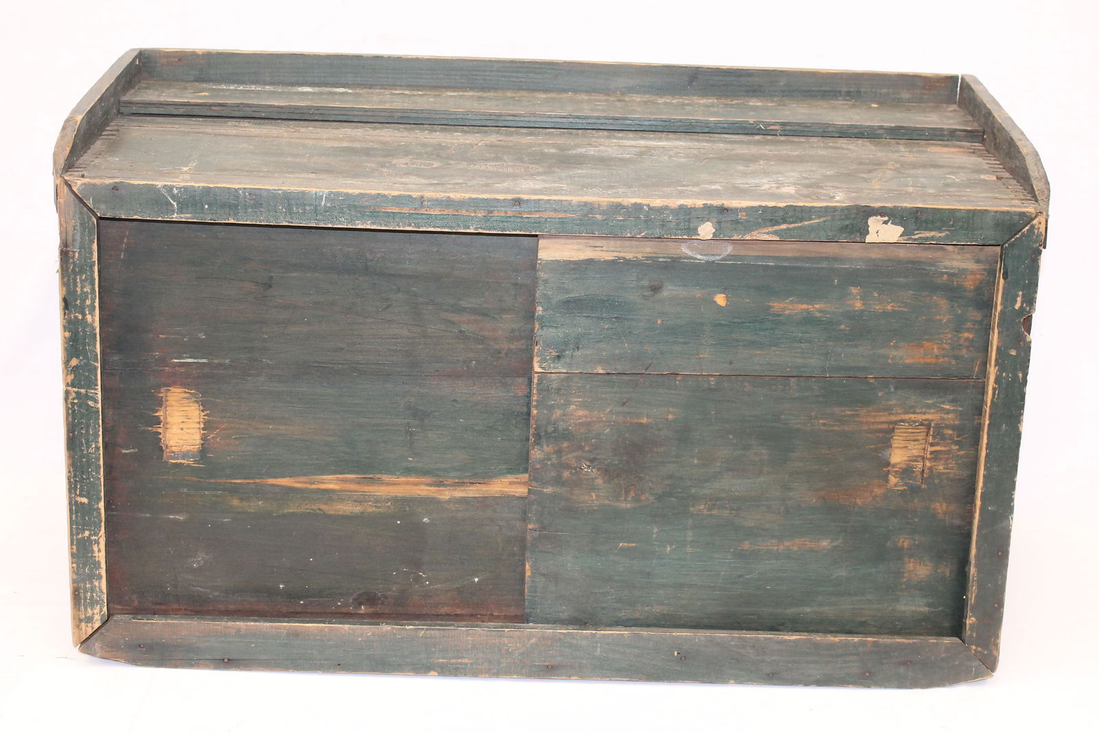 Antique slide front two door box/cupboard made from an old crate in green paint - 15 1/2" tall x 26" (1 of 7)