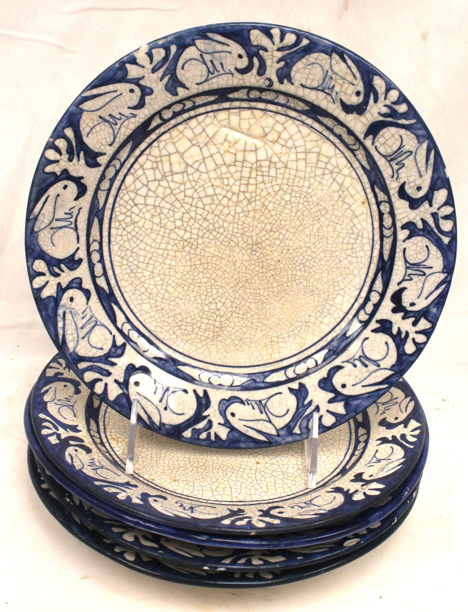 Lot of 6 Dedham Pottery "Rabbit" pattern 8 1/2" plates - 5 w pre 1929 ink Dedham stamp & 1 w Maude (1 of 19)