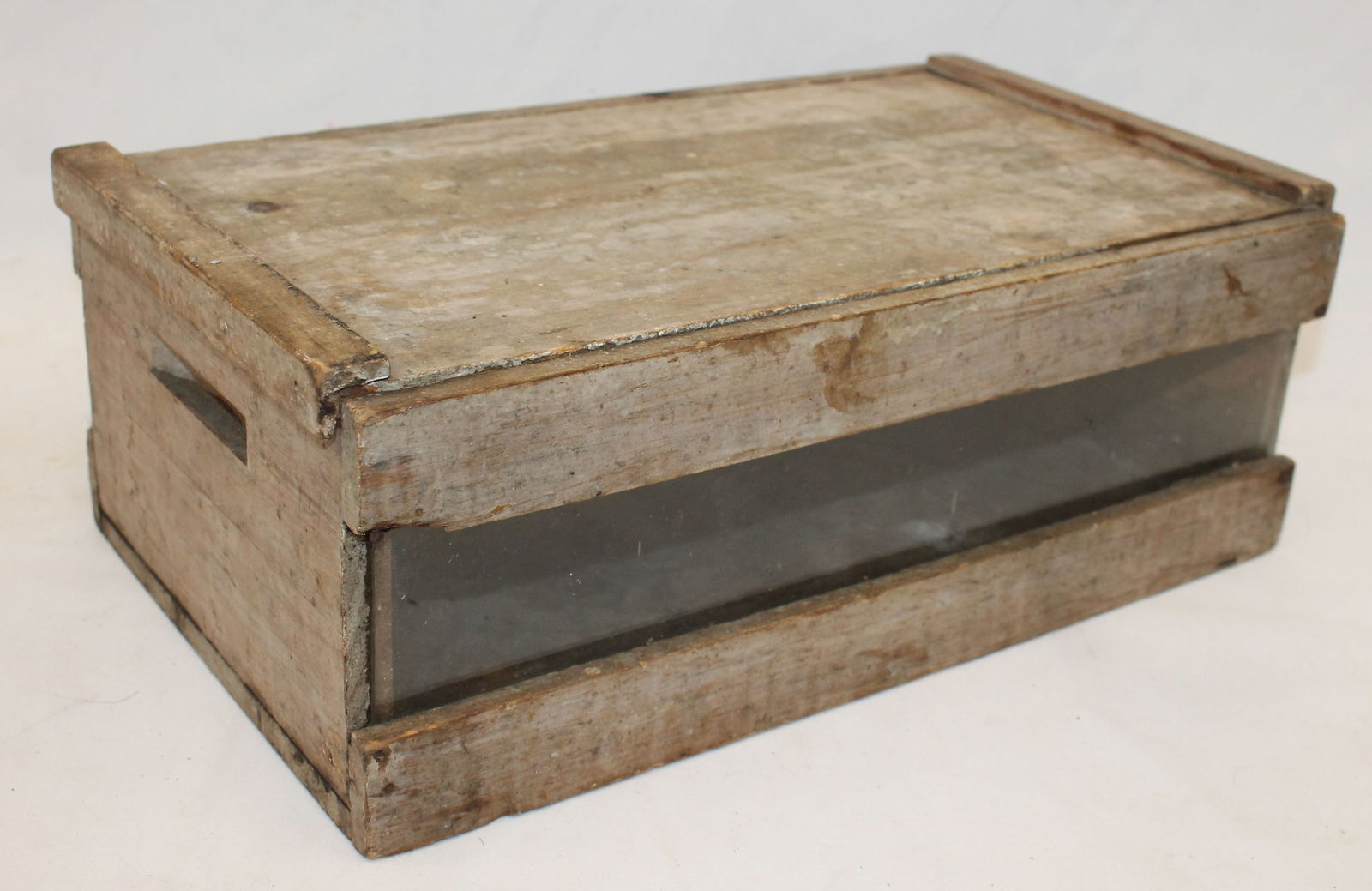 Antique small box in white paint w clear glass sides - (possibly a bee box) - 5 1/2" tall x 14 1/2" (1 of 3)