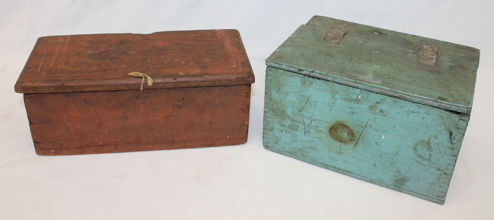 Lot of 2 small antique boxes incl one in blue paint w leather hinges 6" tall x 10" wide x 7 1/4" (1 of 7)