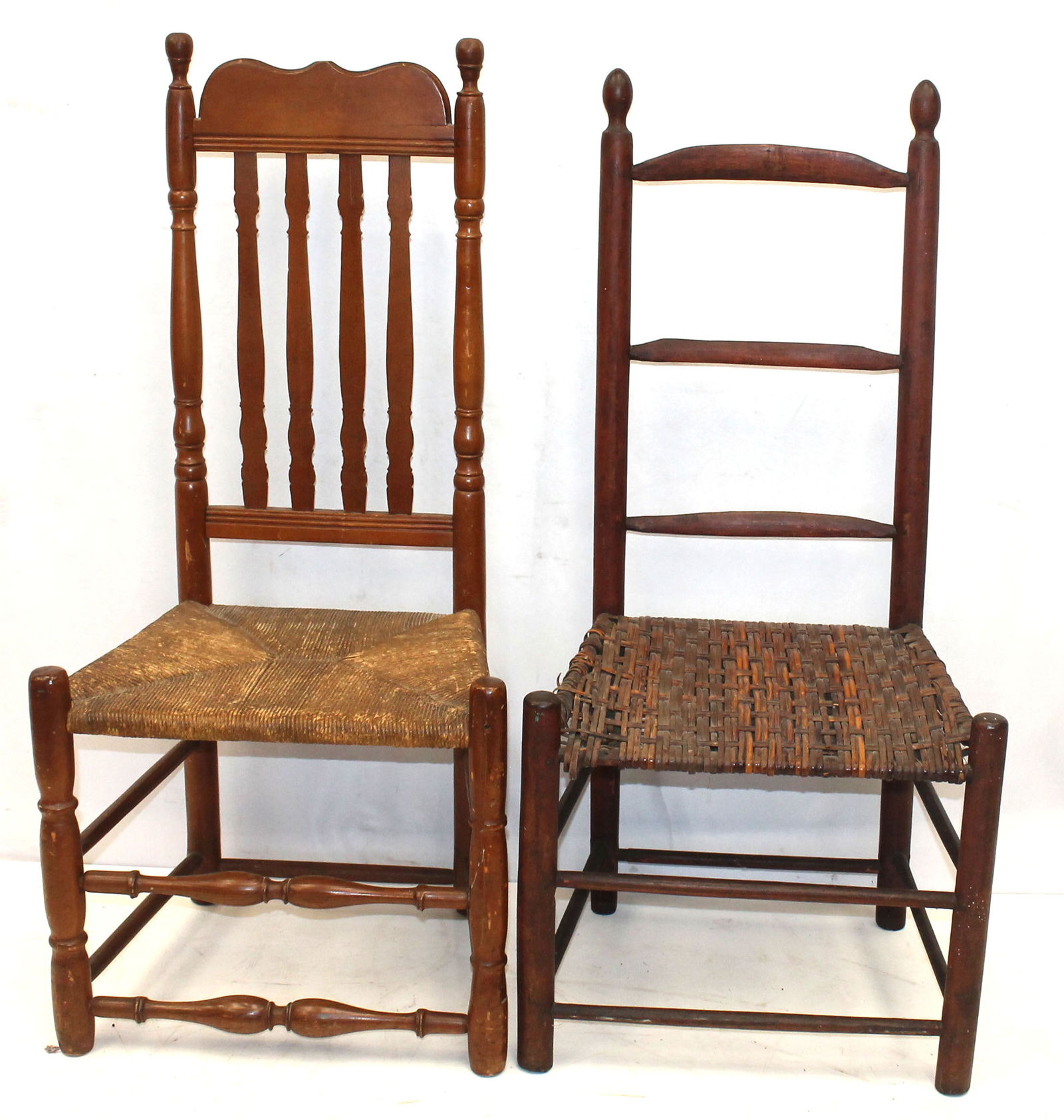 Lot of 2 antique chairs incl bannister back w rush seat & ladderback w splint seat (1 of 9)