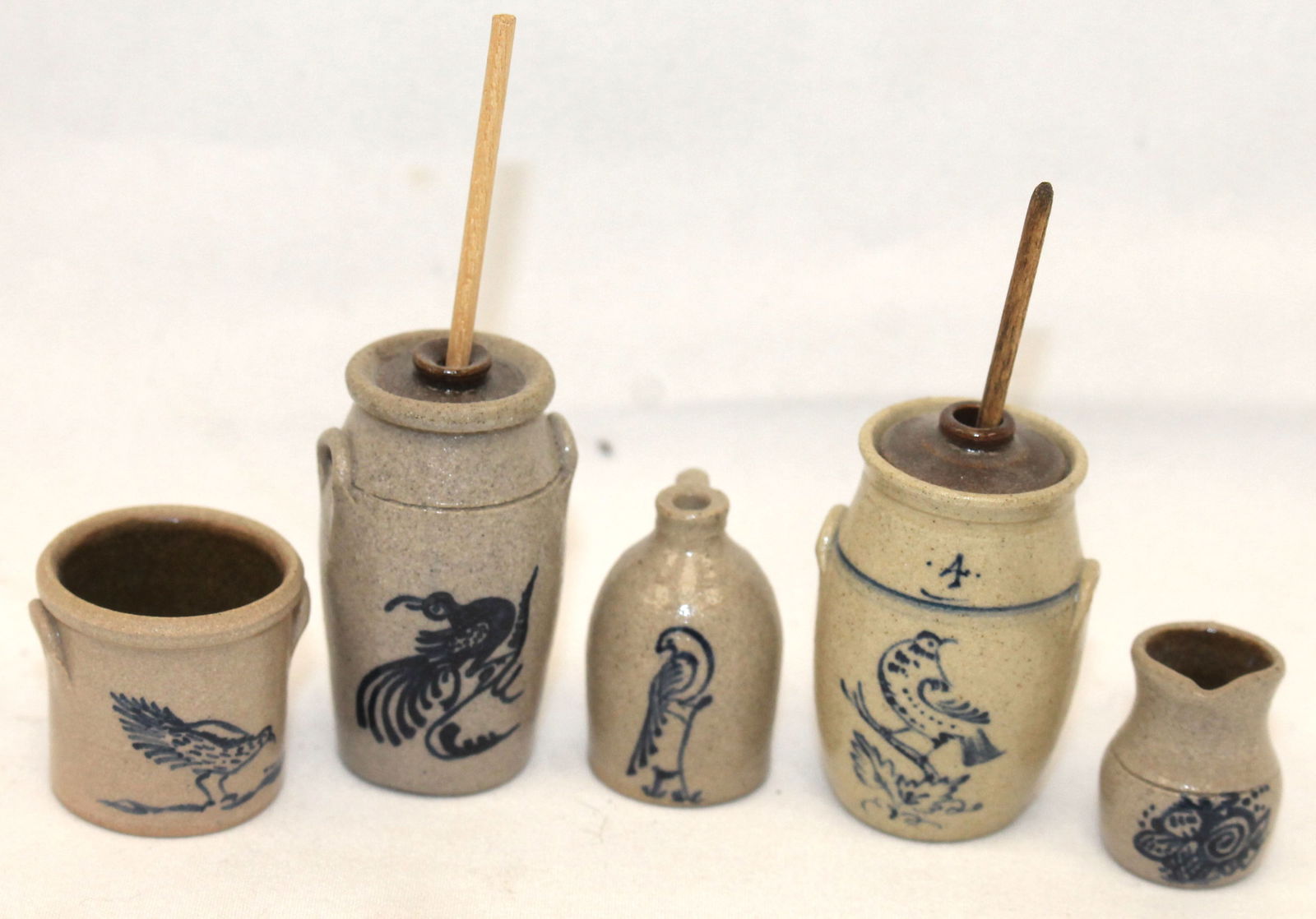 Miniature lot of 5 pcs of cobalt dec stoneware incl 2 butter churns, crock, jug & pitcher - 4 sgnd (1 of 9)