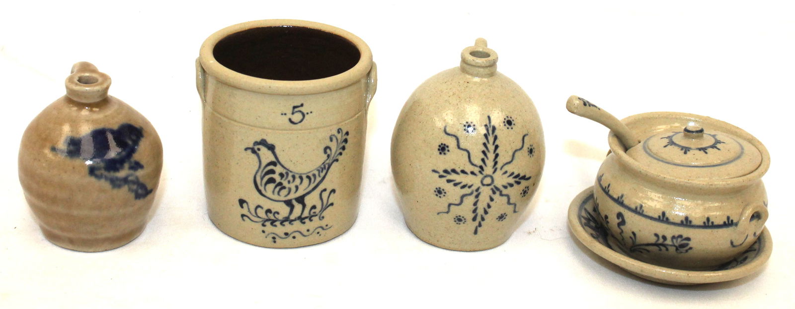 Miniature lot of 4 pcs of cobalt dec stoneware sgnd Graber incl a crock, 2 jugs & a tureen - 1"-2" (1 of 11)