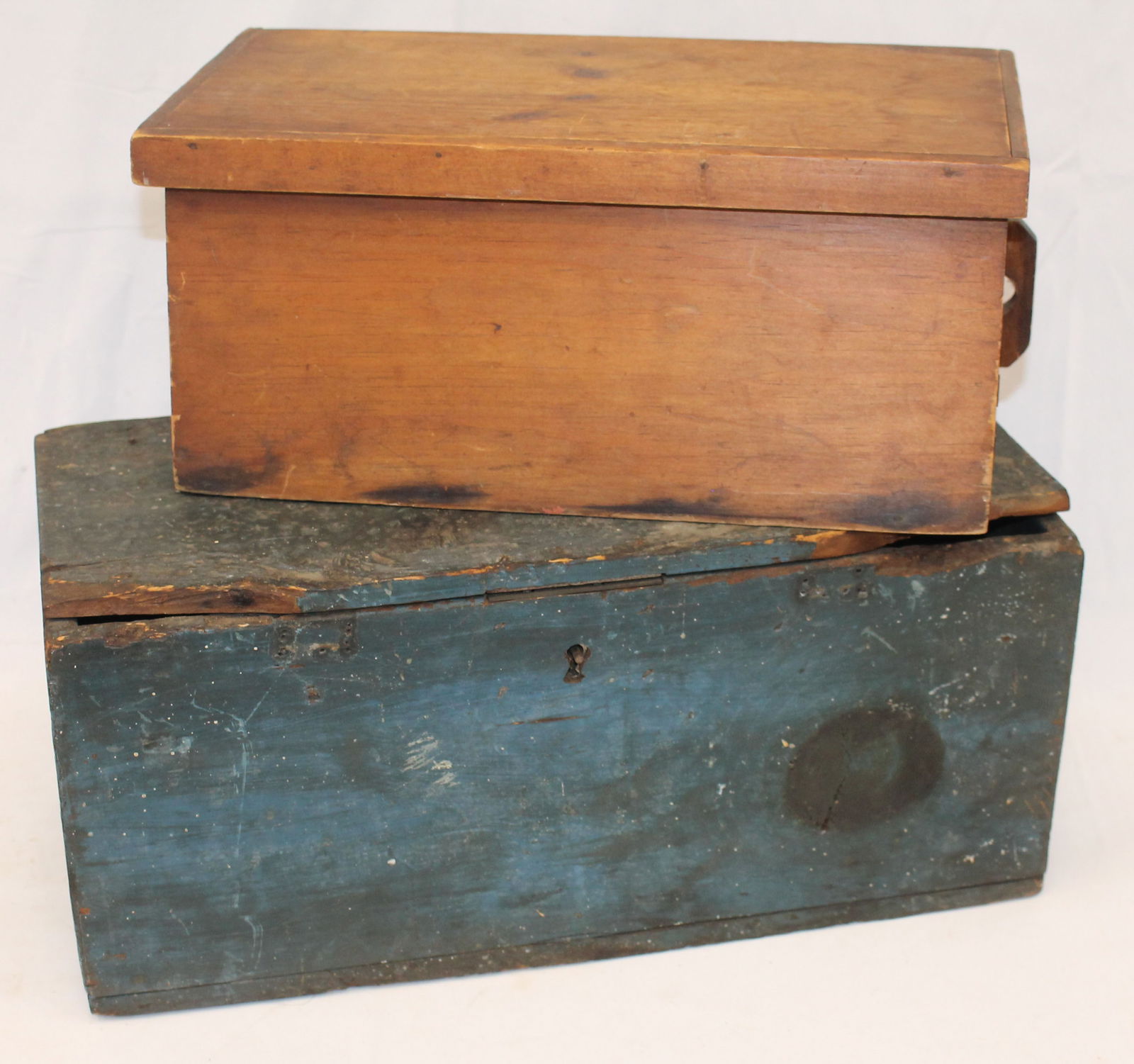 Lot of 2 antique boxes incl a small canted ship's box in natural surface & the other in blue paint - (1 of 10)