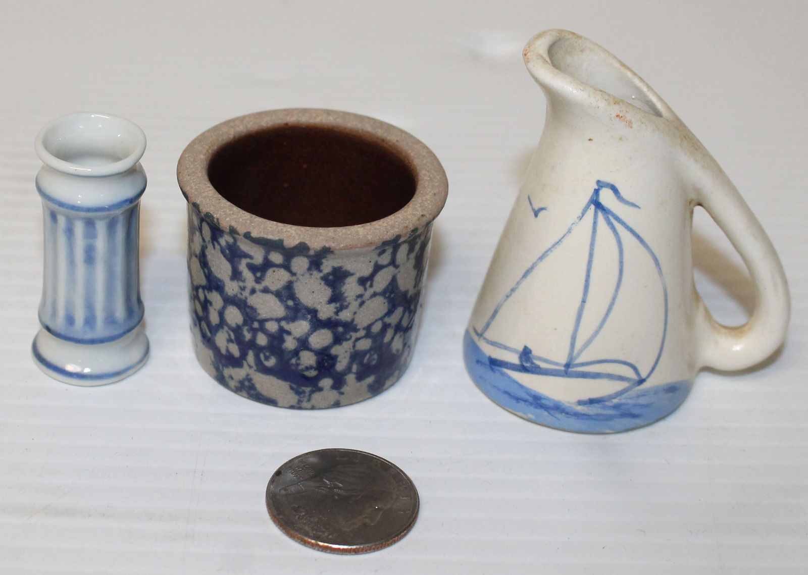 Miniature lot of 3 pcs incl Spatterware crock, pitcher w sailboat dec & vase/jardinere - 1 1/2" - 2 (1 of 6)