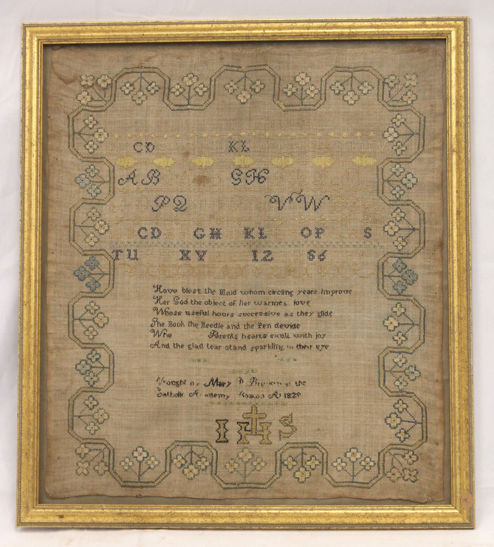 Antique alphabet & verse sampler dated March 7, 1829 - overall framed size 23"x20" (1 of 9)
