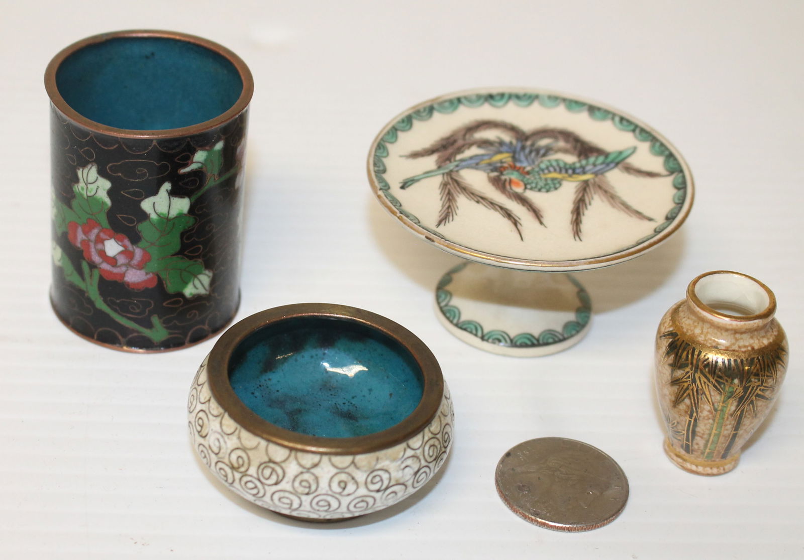 Miniature lot of 4 Asian cloisonne & cloisonne style items incl bowl, cake stand, umbrella stand & (1 of 13)