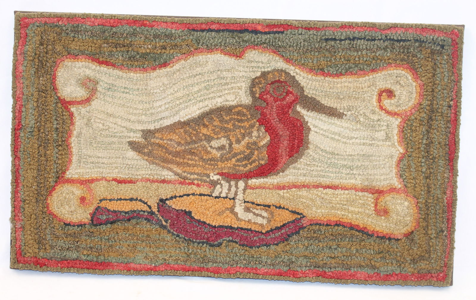 Antique hooked rug w shore bird motif - mounted for wall hanging - 16 1/4"x27 1/2" (1 of 7)