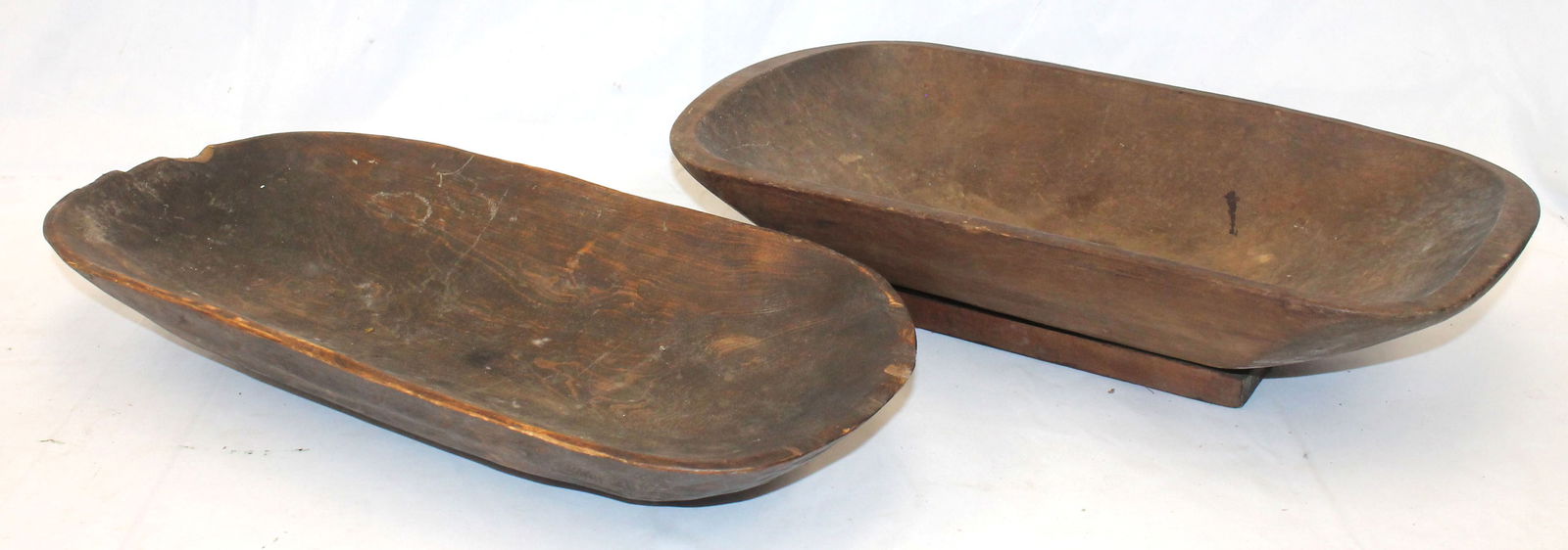 Lot of 2 antique wooden trenchers incl 1 w applied foot - 20" & 19 1/2" long (1 of 7)