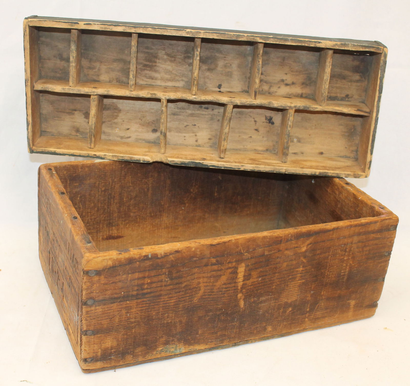 Lot of 2 utility boxes incl one in blue paint w divided interior - 2 1/2" tall x 18 1/4" wide x 7 (1 of 6)