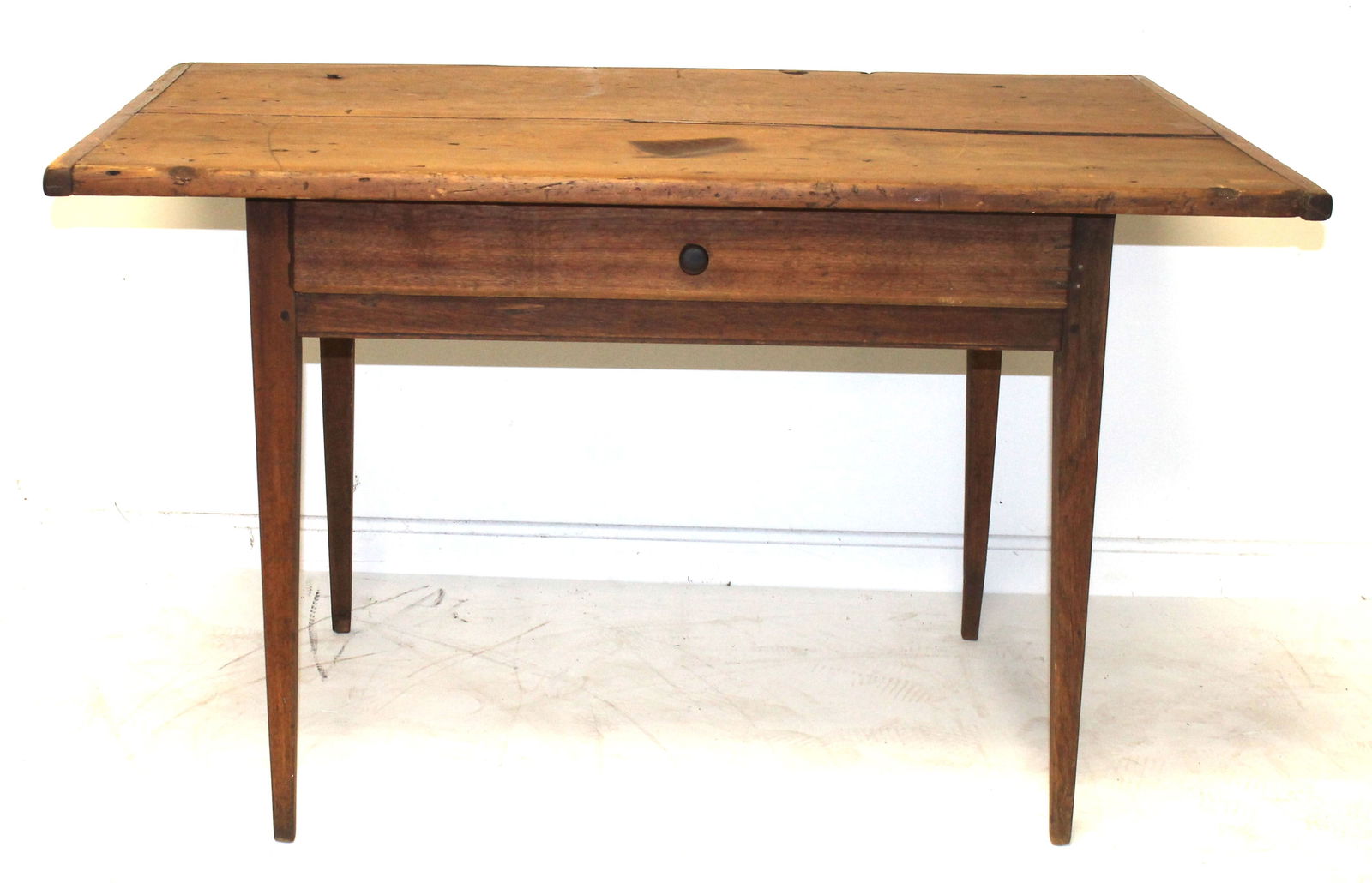 19thC 1 drawer tavern table w breadboard ends & tapered legs - 27" tall x 44 3/4"x28" top (1 of 12)
