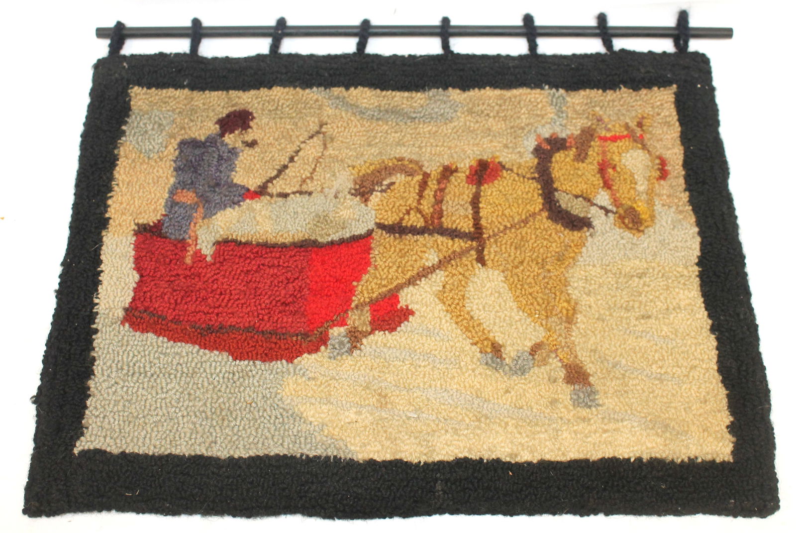 Small hooked rug w horse pulling sled & rider smoking a pipe - with hanging loops and mounting rod - (1 of 7)