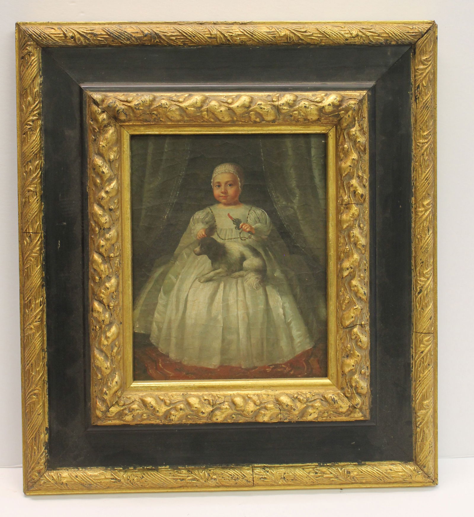 o/c mounted on board child w dog on lap - overall framed size 18"x16" (1 of 8)